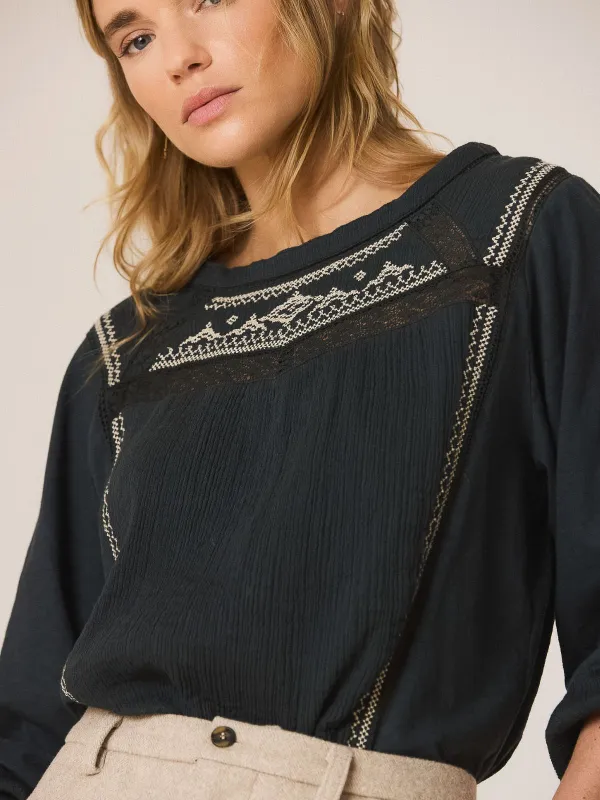 Embroidered Blouse - Charcoal made by Indi & Cold
