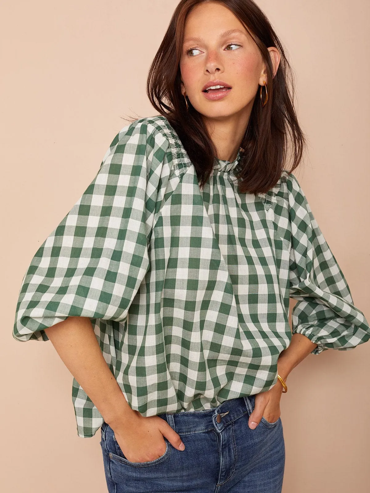 Lily Frill Blouse- Gingham Green sold by iris