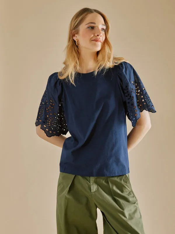 Ella Broderie Jersey Top - Navy sold by iris
