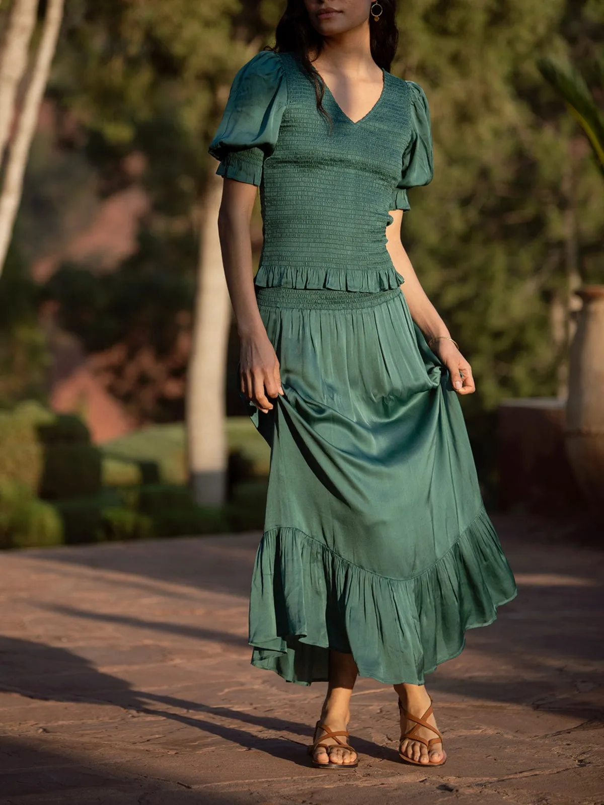 Andrea Satin Smocked Skirt – Sage sold by iris product image thumbnail 2