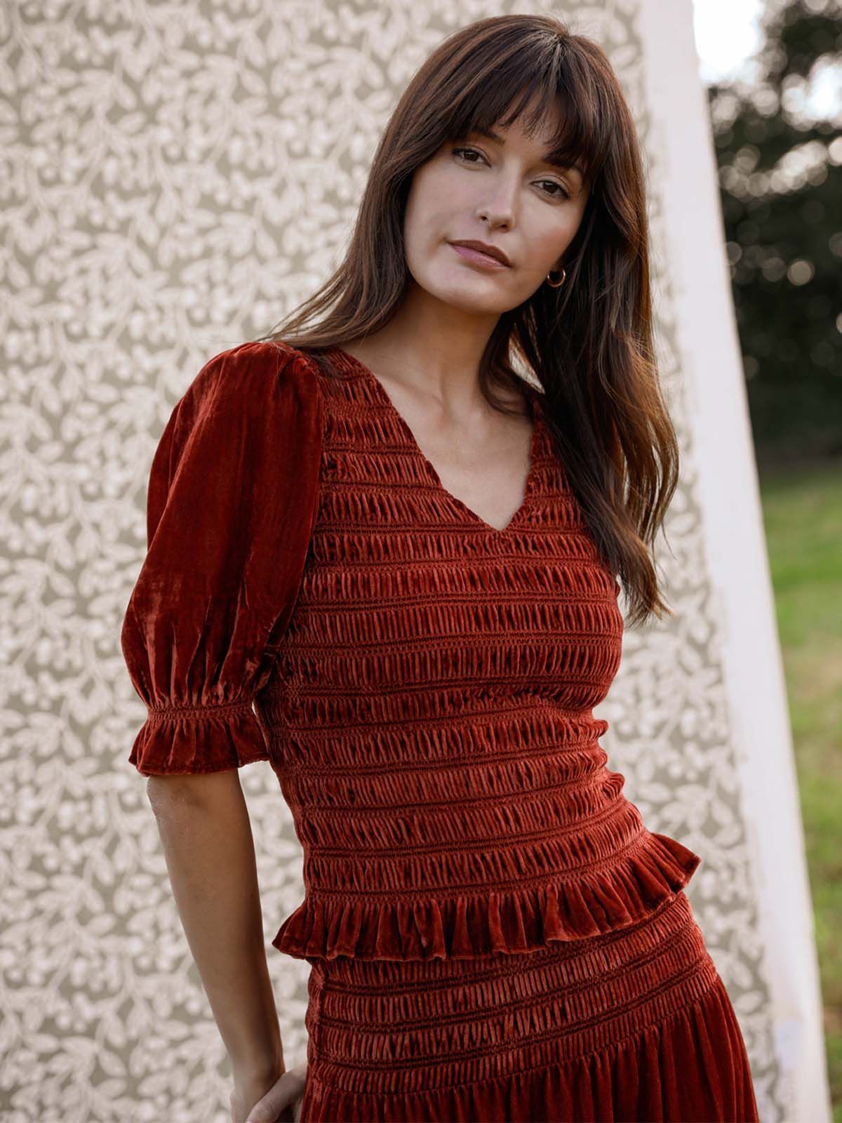 Raya Velvet Smocked Top- Rust sold by iris
