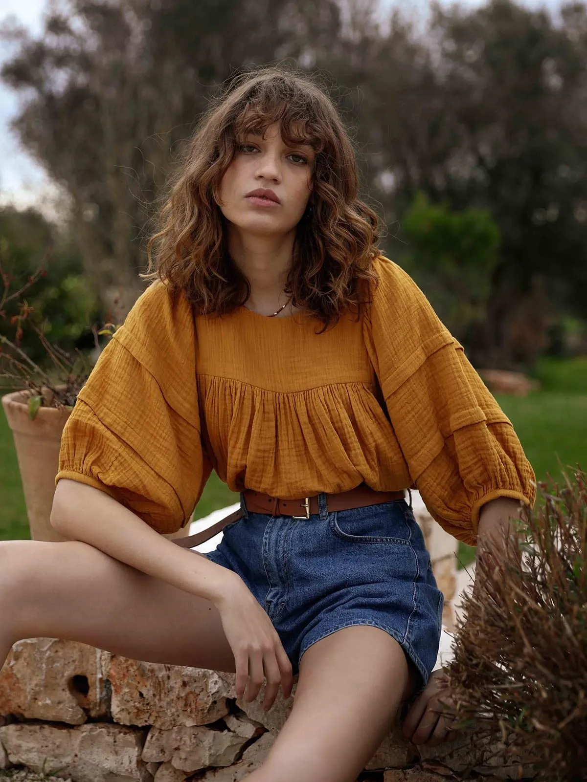 Louisa Puff Sleeve Top Ochre sold by iris