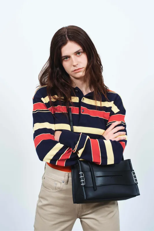 WOMENS KNITTED STRIPED RUGBY POLO TOP IN NAVY sold by J.W. Anderson