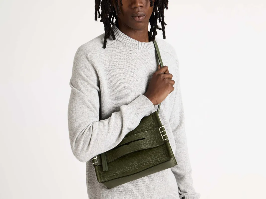 SMALL MESSENGER LOAFER BAG IN KHAKI GREEN LEATHER sold by J.W. Anderson