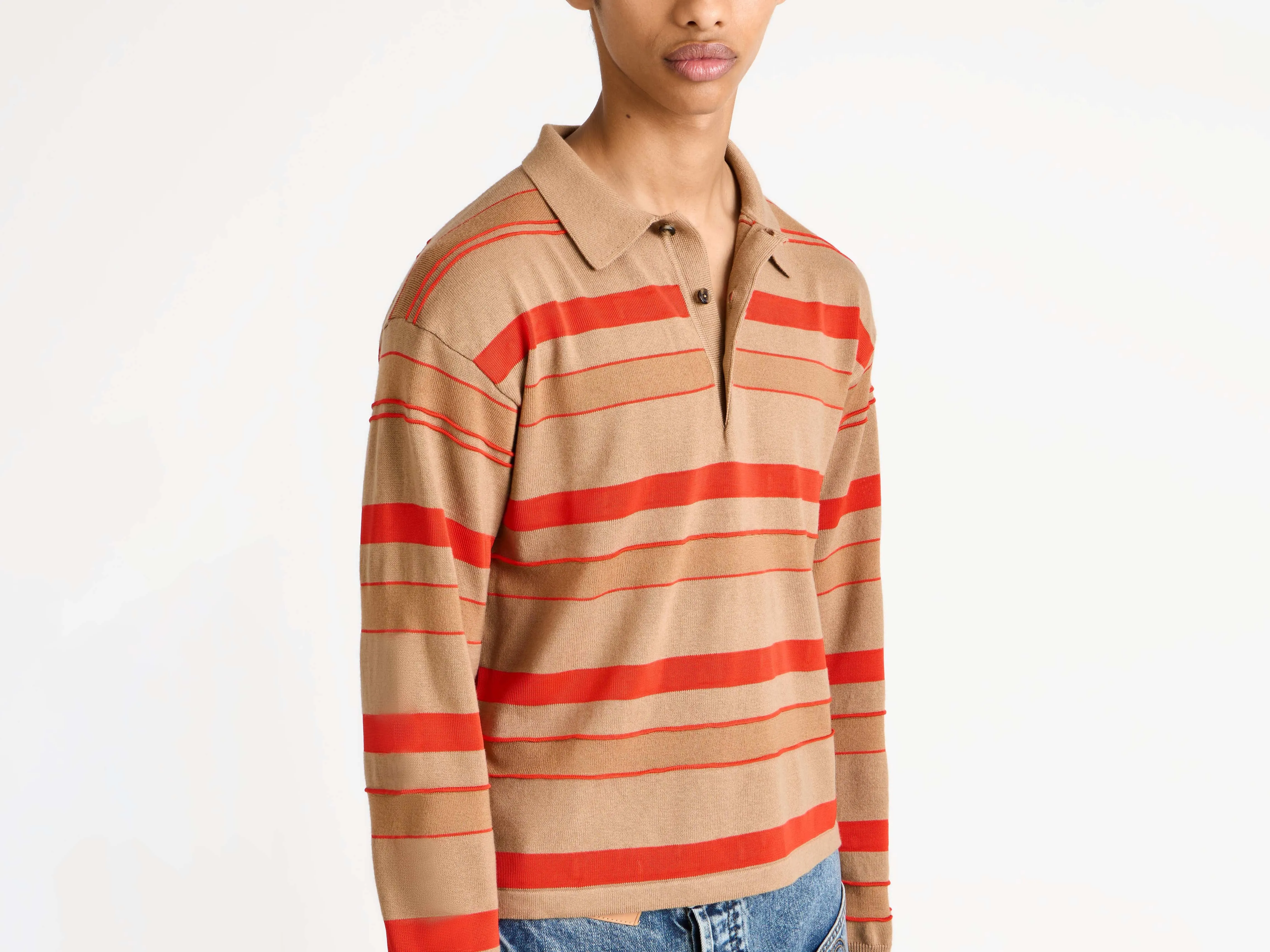 MENS KNITTED STRIPED RUGBY POLO TOP IN BISCUIT sold by J.W. Anderson