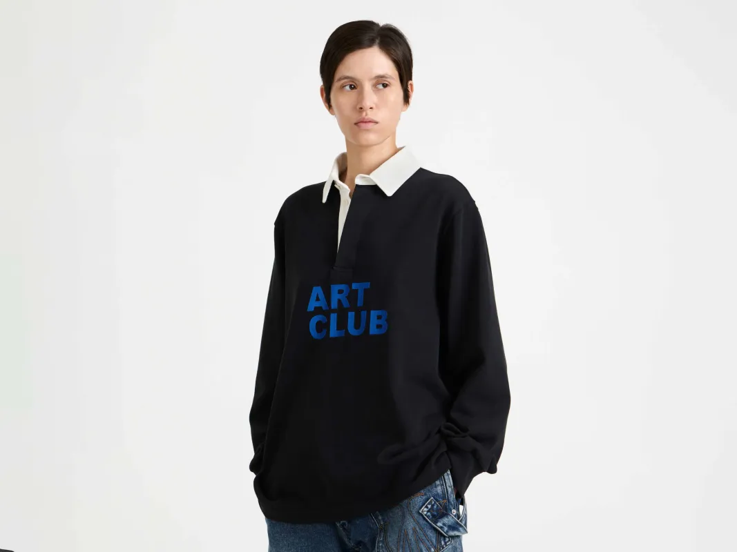 WOMENS 'ART CLUB' RUGBY POLO TOP IN WASHED BLACK sold by J.W. Anderson