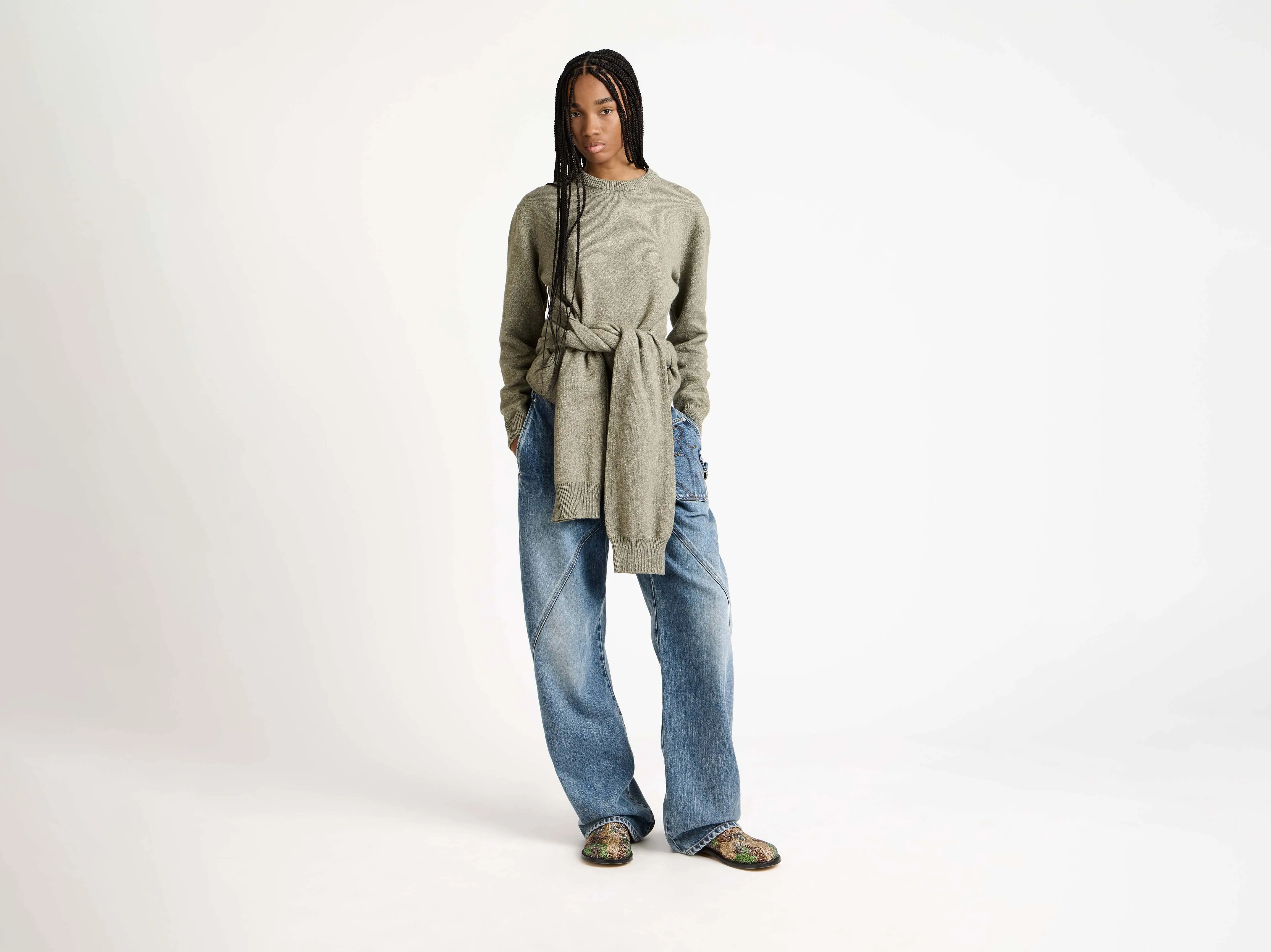 WOMENS SLEEVE-TIE WAISTED JUMPER IN SAGE sold by J.W. Anderson