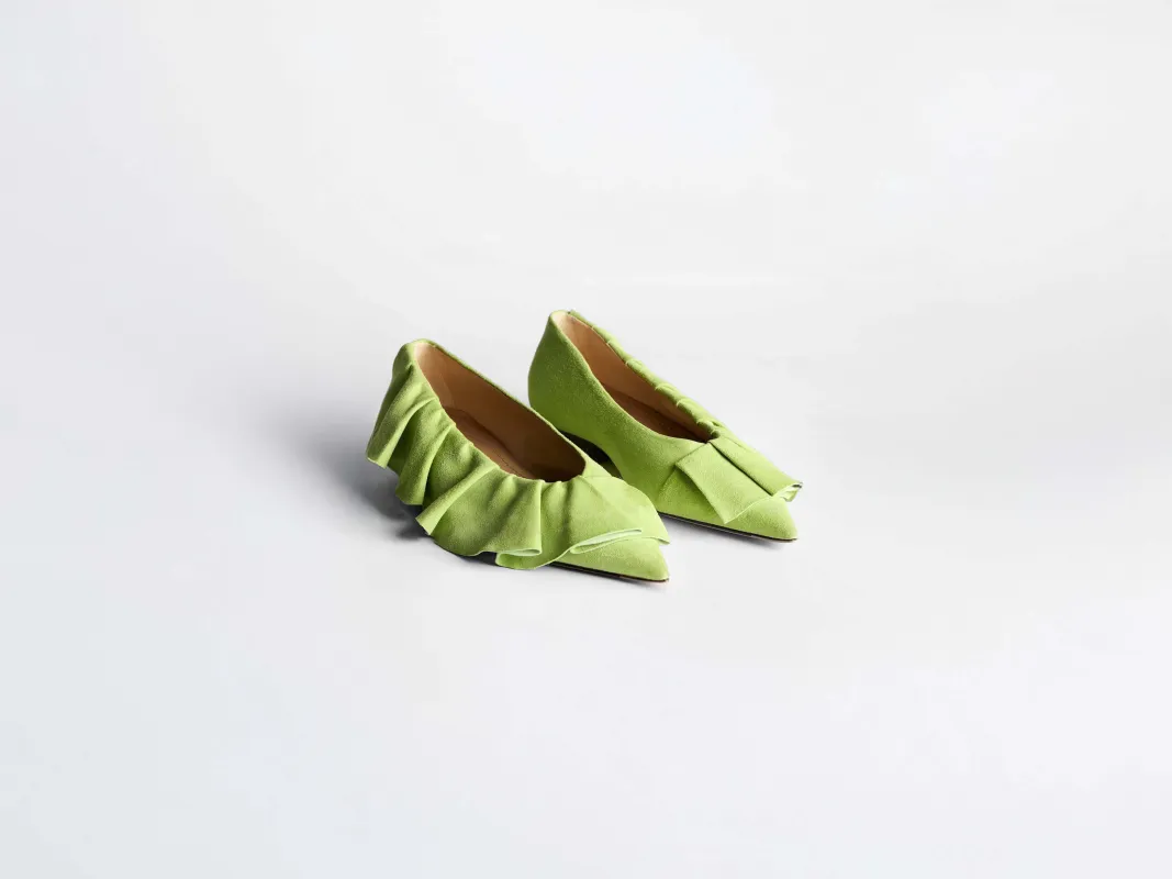 WOMENS RUFFLE BALLERINA FLATS IN LIME GREEN made by J.W. Anderson
