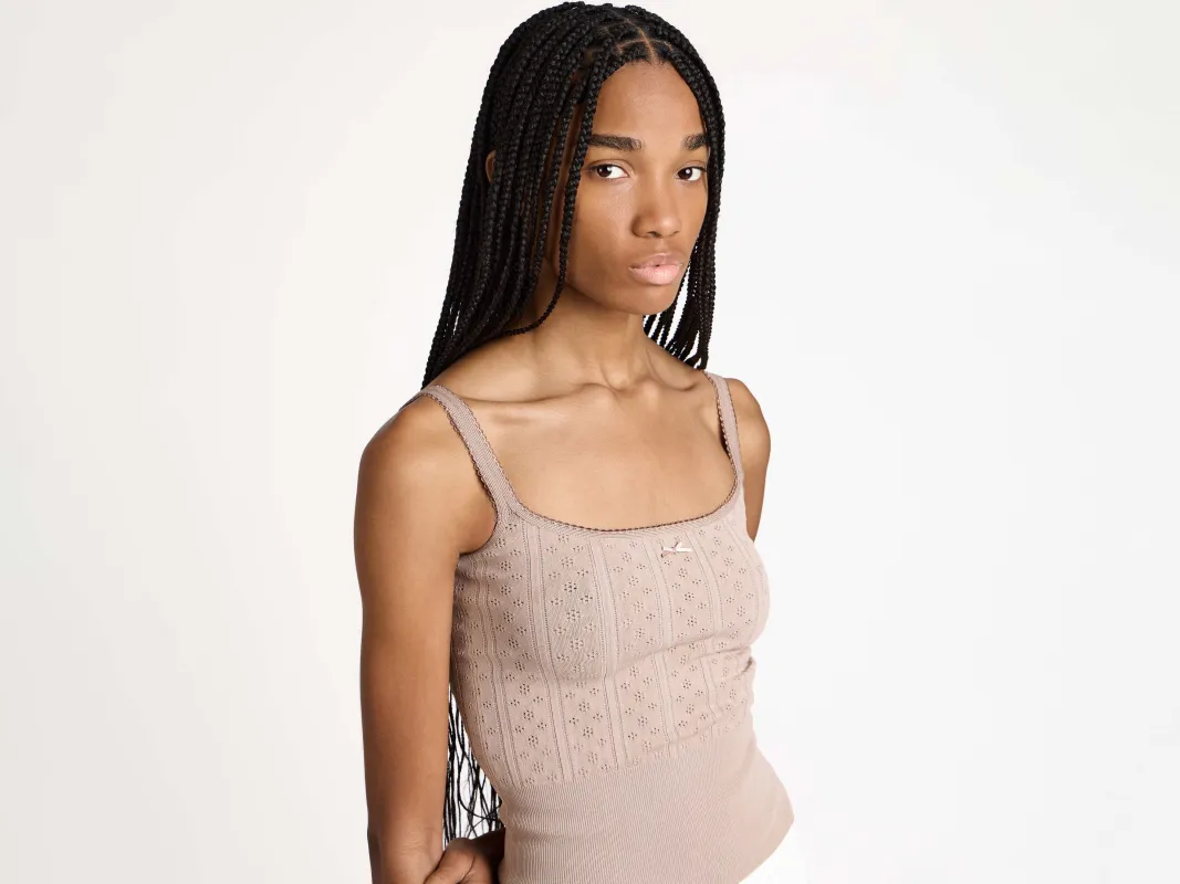 WOMENS KNITTED POINTELLE CAMI TOP IN TAUPE sold by J.W. Anderson