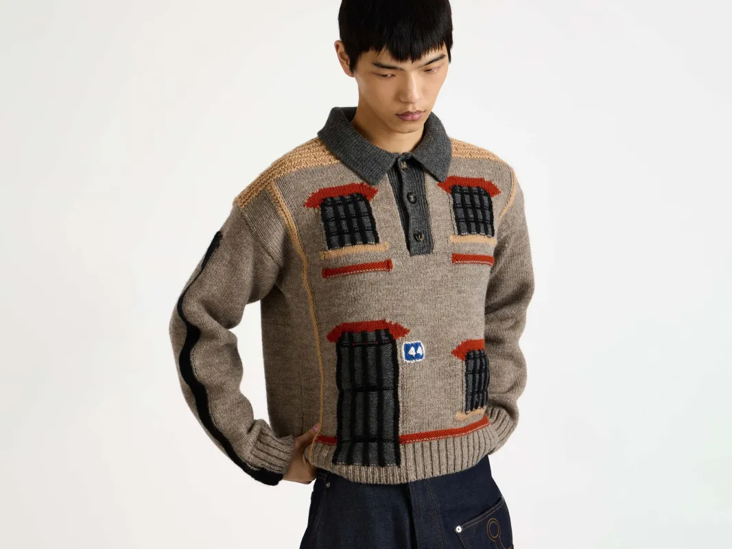 MENS HOUSE POLO JUMPER IN BEIGE MELANGE sold by J.W. Anderson