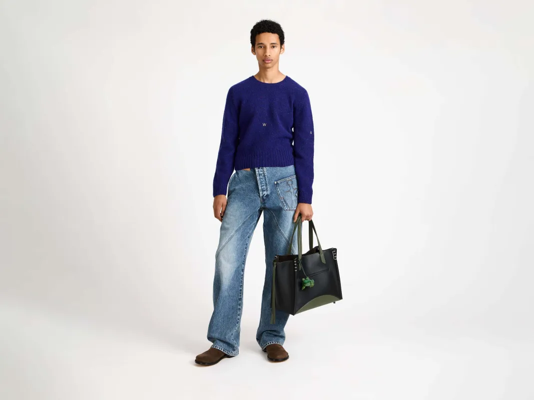 MENS SLEEVE EMBROIDERED CREW NECK JUMPER IN VIOLET sold by J.W. Anderson