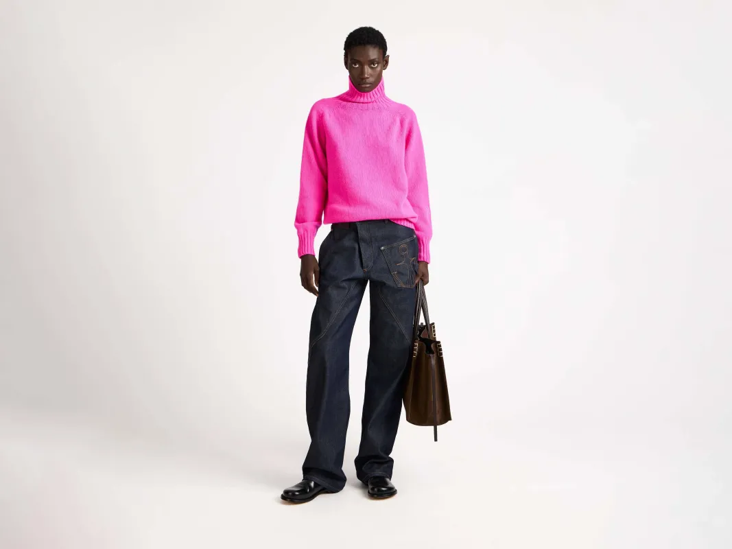 WOMENS TURTLENECK JUMPER IN NEON PINK made by J.W. Anderson