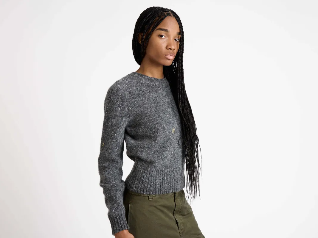 WOMENS EMBROIDERED CREW NECK JUMPER IN CHARCOAL MELANGE sold by J.W. Anderson