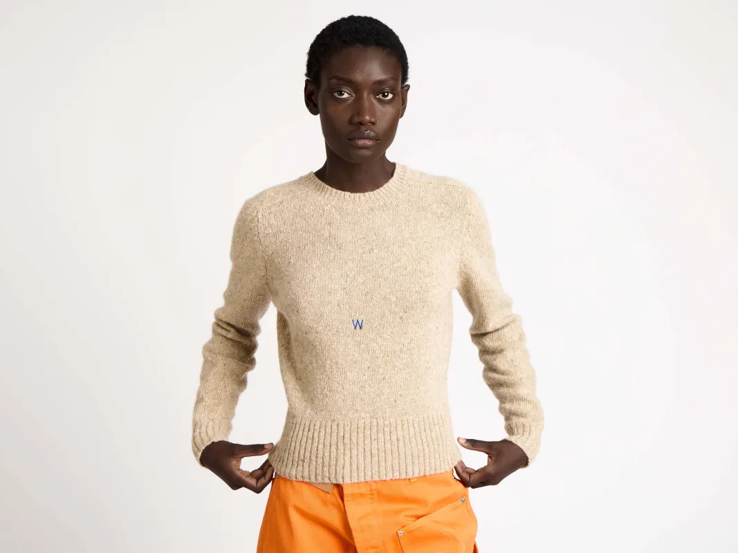 WOMENS EMBROIDERED CREW NECK JUMPER IN OATMEAL MELANGE sold by J.W. Anderson