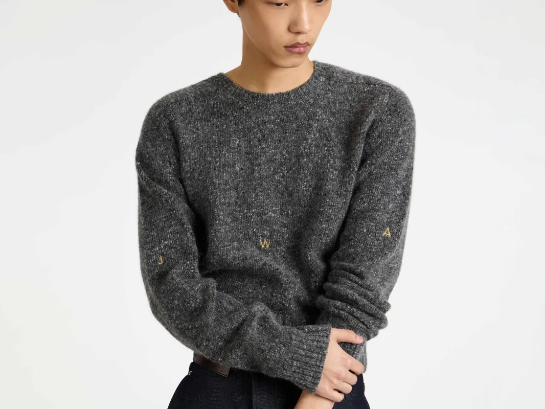 MENS SLEEVE EMBROIDERED CREW NECK JUMPER IN CHARCOAL MELANGE sold by J.W. Anderson
