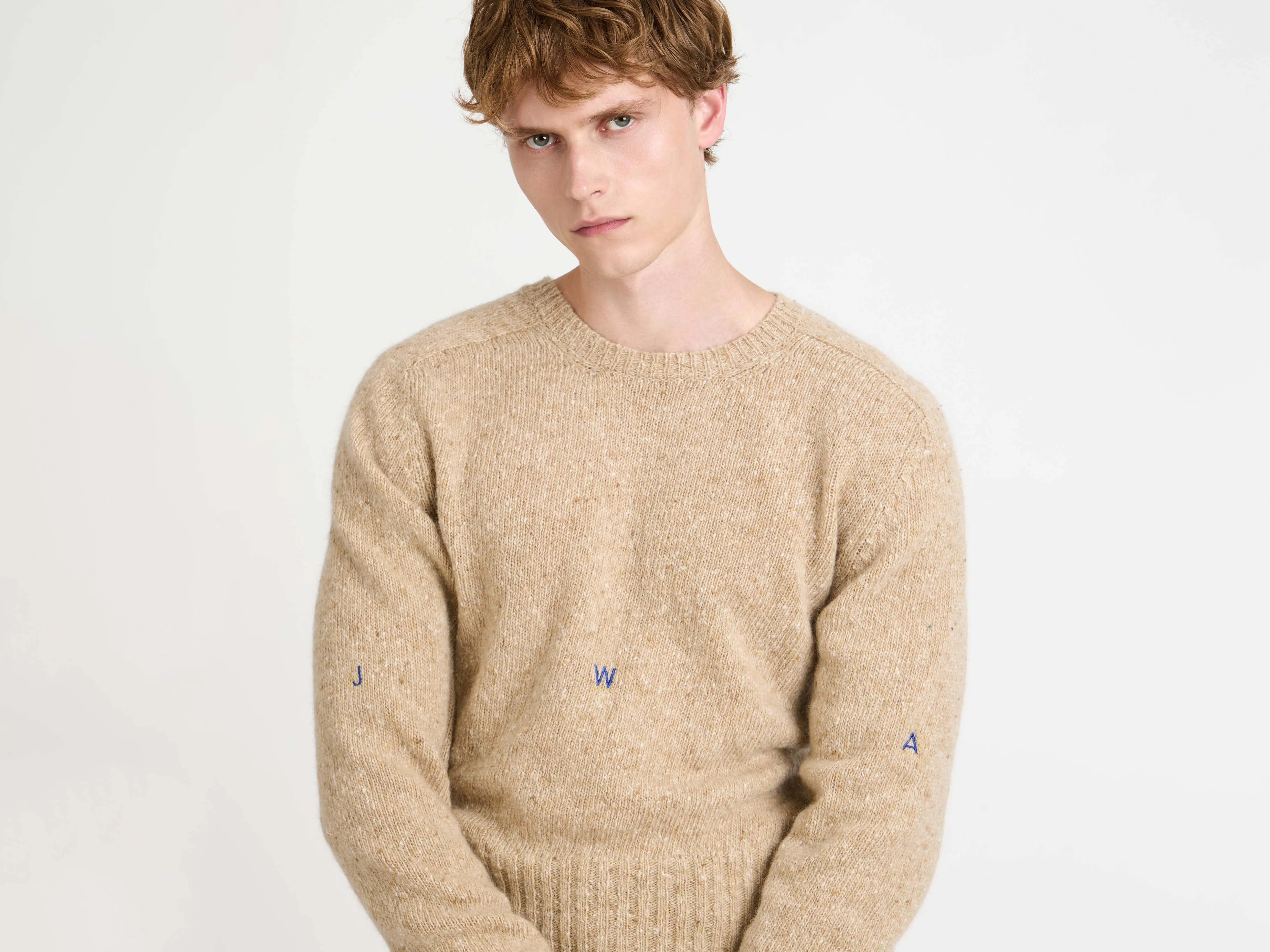 MENS SLEEVE EMBROIDERED CREW NECK JUMPER OATMEAL MELANGE sold by J.W. Anderson