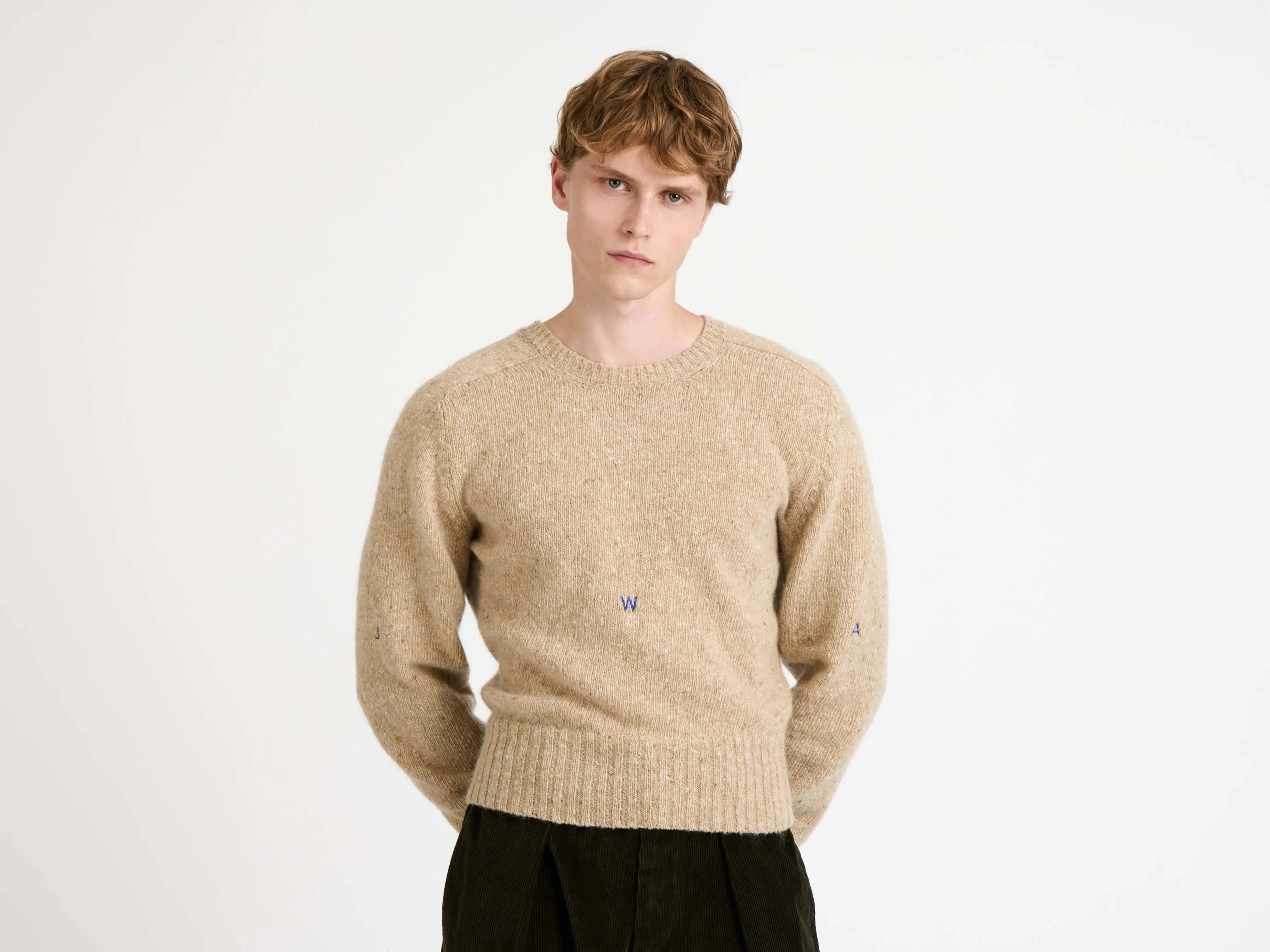 MENS SLEEVE EMBROIDERED CREW NECK JUMPER OATMEAL MELANGE sold by J.W. Anderson product image thumbnail 3