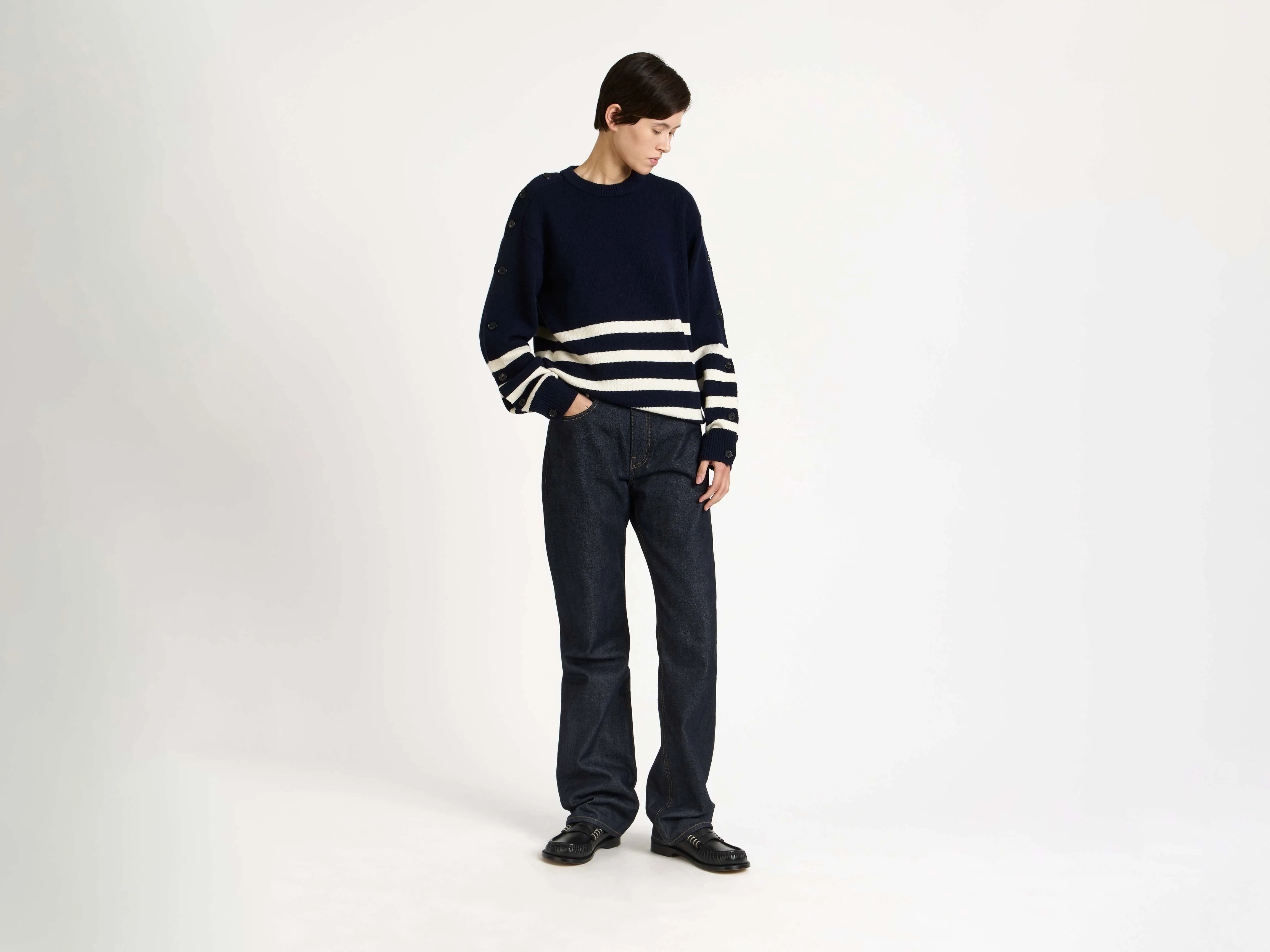 WOMENS BUTTONED SLEEVE BRETON JUMPER IN NAVY sold by J.W. Anderson product image thumbnail 3