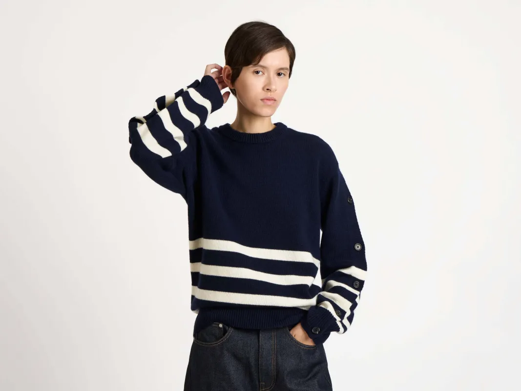 WOMENS BUTTONED SLEEVE BRETON JUMPER IN NAVY sold by J.W. Anderson