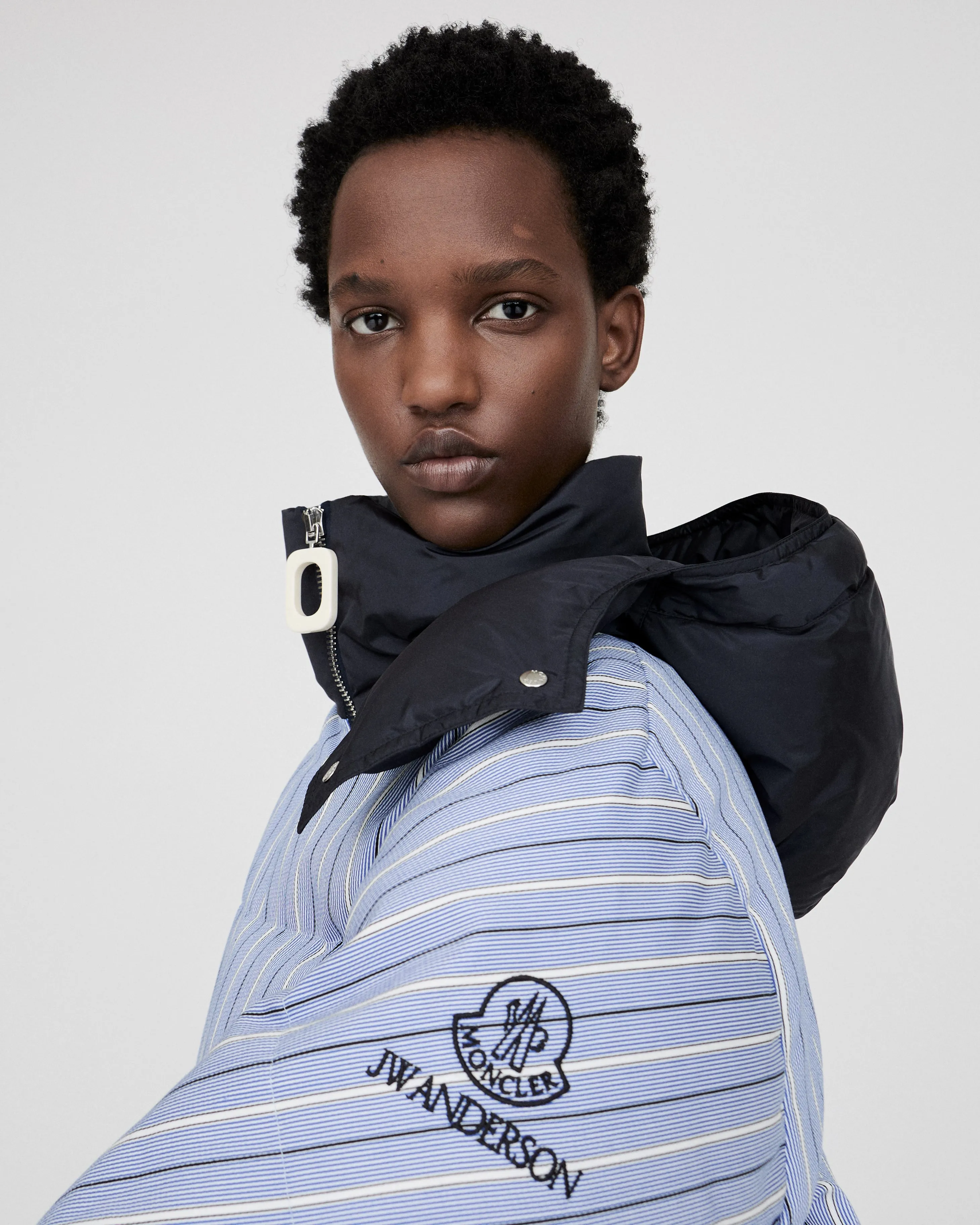 WOMENS JW ANDERSON X MONCLER STRIPED PUFFER JACKET IN BLUE & WHITE sold by J.W. Anderson