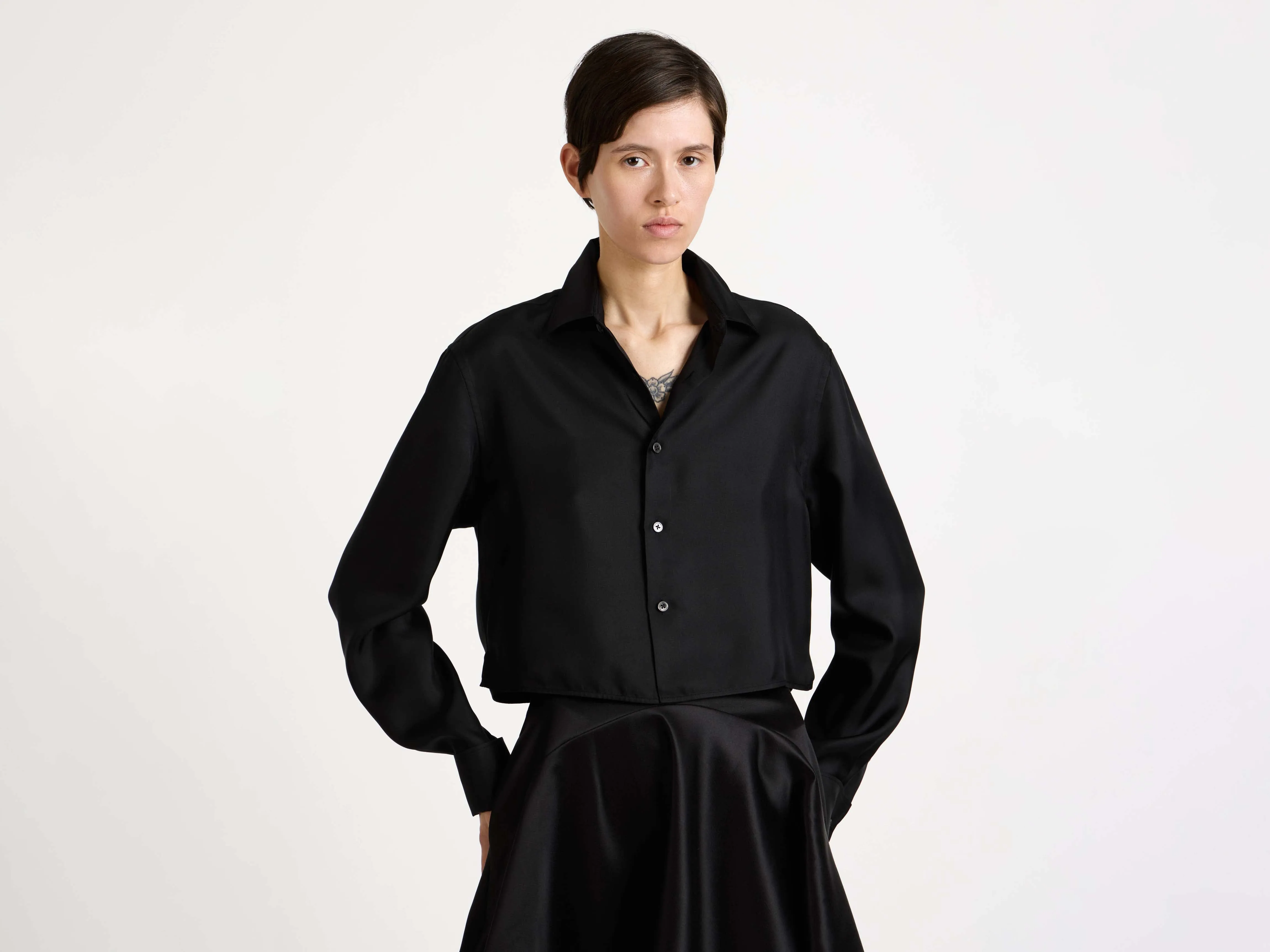 WOMENS CROPPED SILK TWILL SHIRT IN BLACK sold by J.W. Anderson