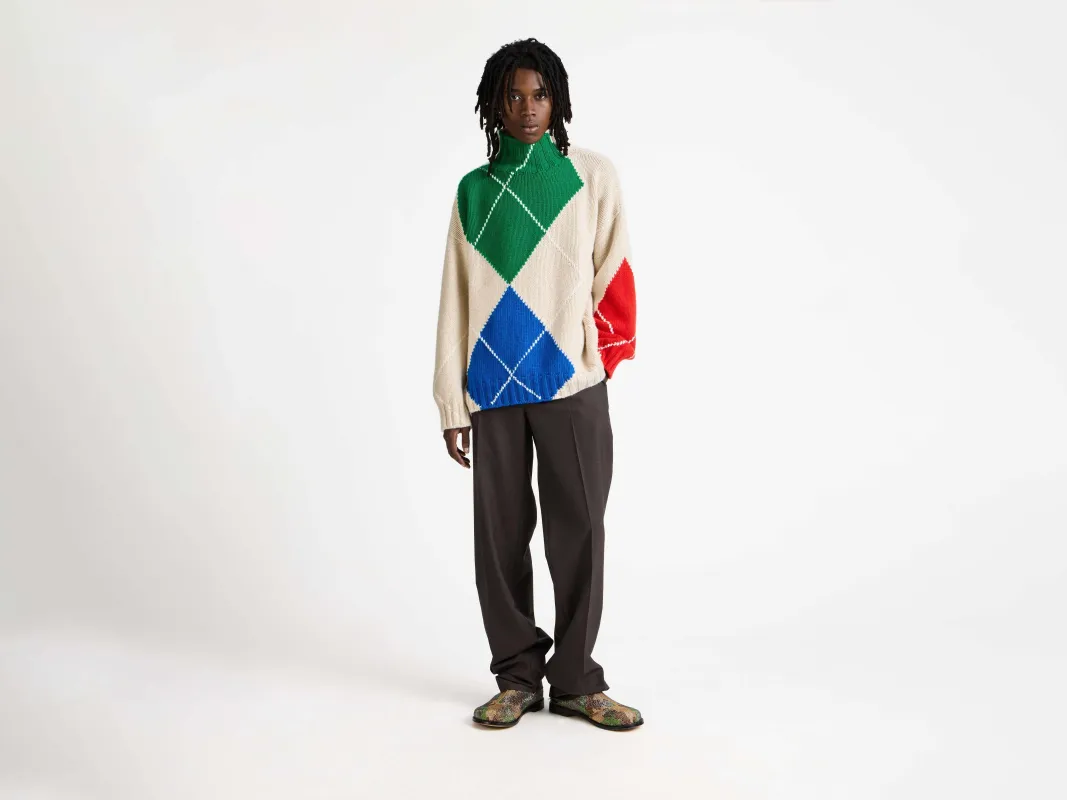 MENS JW ANDERSON X PRINGLE TURTLE-NECK ARGYLE JUMPER IN NATURAL sold by J.W. Anderson