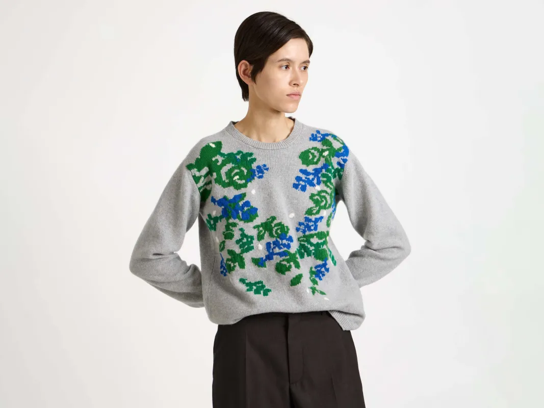 WOMENS JW ANDERSON X PRINGLE FLORAL CREW NECK JUMPER IN GREY MELANGE sold by J.W. Anderson