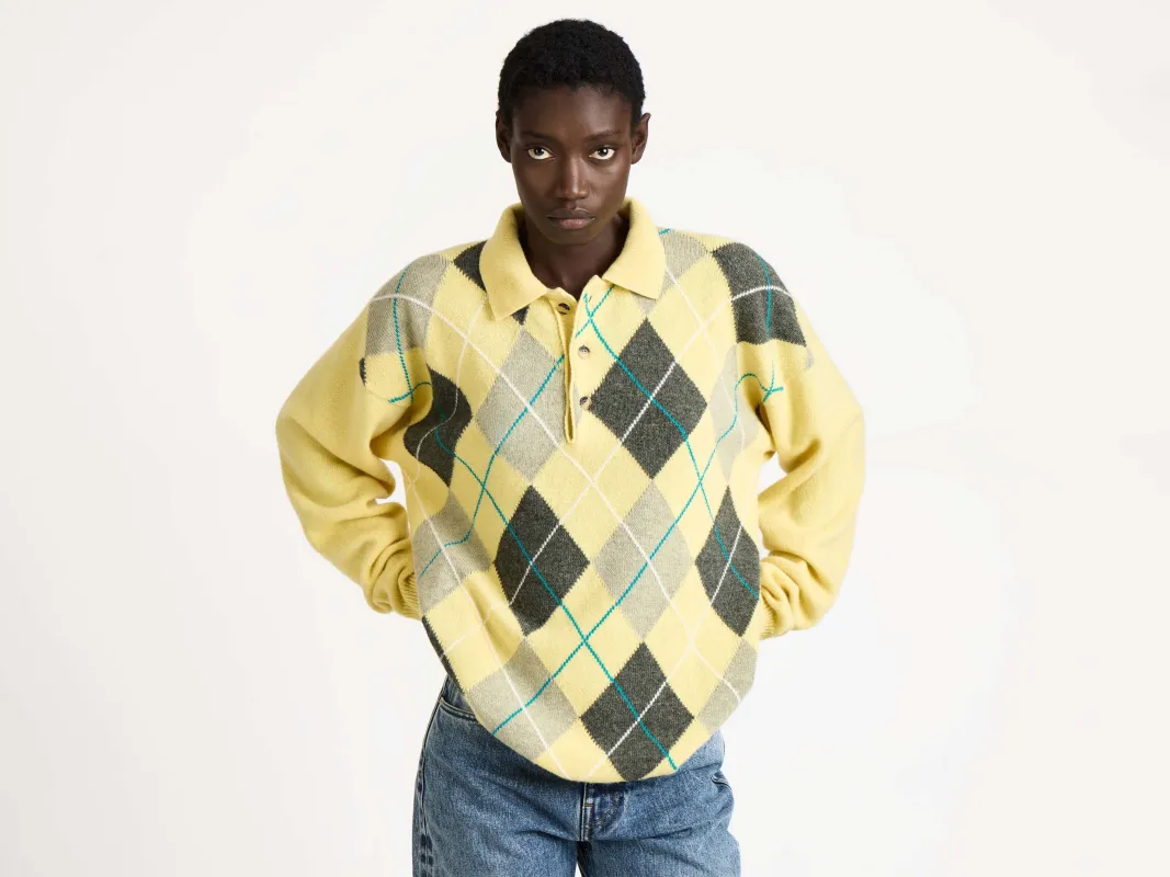WOMENS JW ANDERSON X PRINGLE KNITTED ARGYLE POLO TOP IN SOFT YELLOW sold by J.W. Anderson
