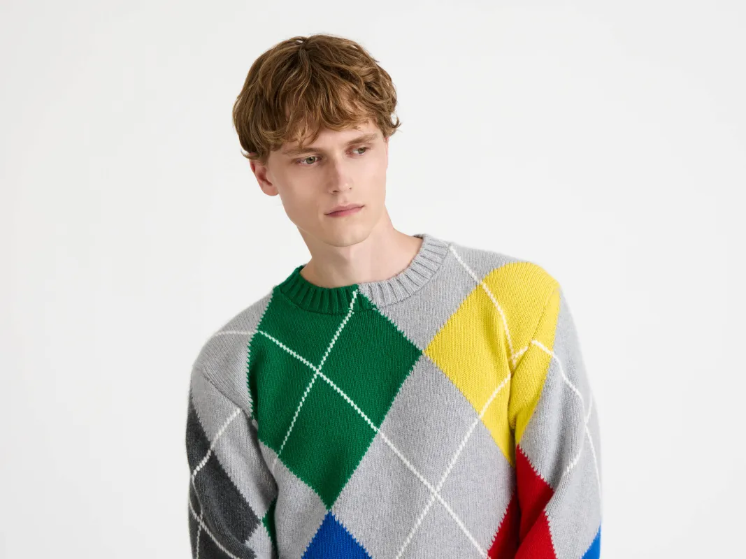 MENS JW ANDERSON X PRINGLE ARGYLE CREWNECK JUMPER IN MID GREY MELANGE sold by J.W. Anderson