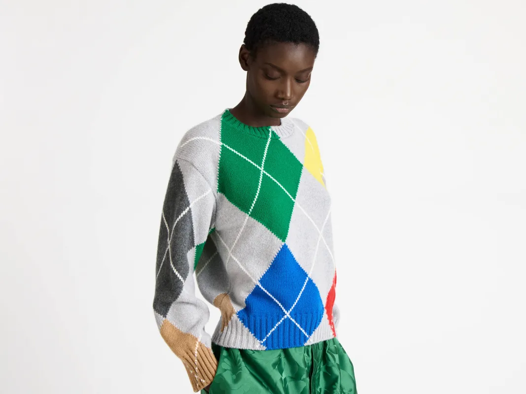 WOMENS JW ANDERSON X PRINGLE ARGYLE CREWNECK JUMPER IN MID GREY MELANGE sold by J.W. Anderson