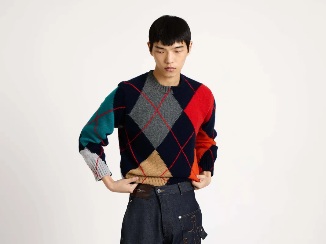 MENS JW ANDERSON X PRINGLE ARGYLE CREWNECK JUMPER IN NAVY sold by J.W. Anderson