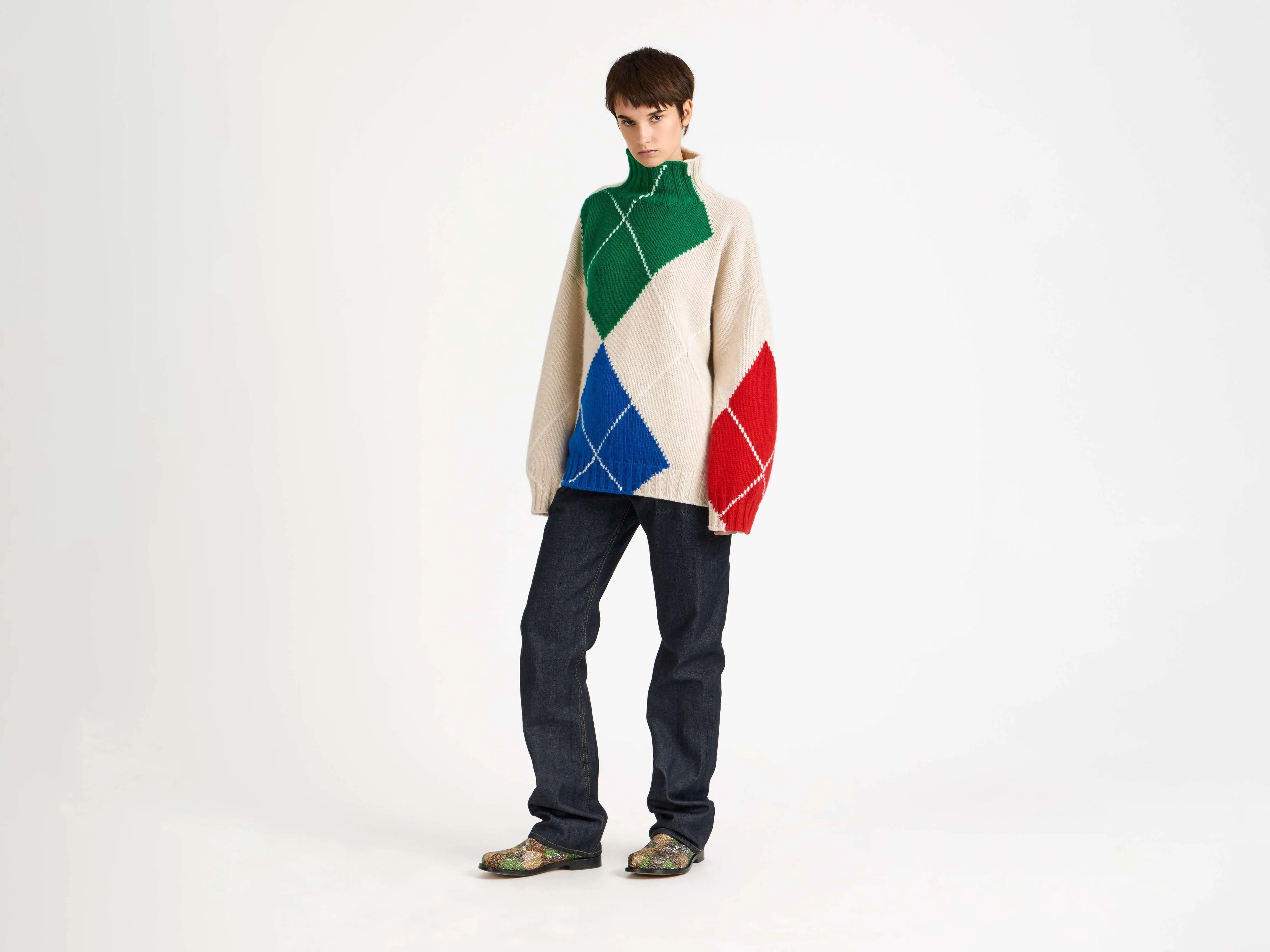 WOMENS JW ANDERSON X PRINGLE TURTLE-NECK ARGYLE JUMPER IN NATURAL sold by J.W. Anderson
