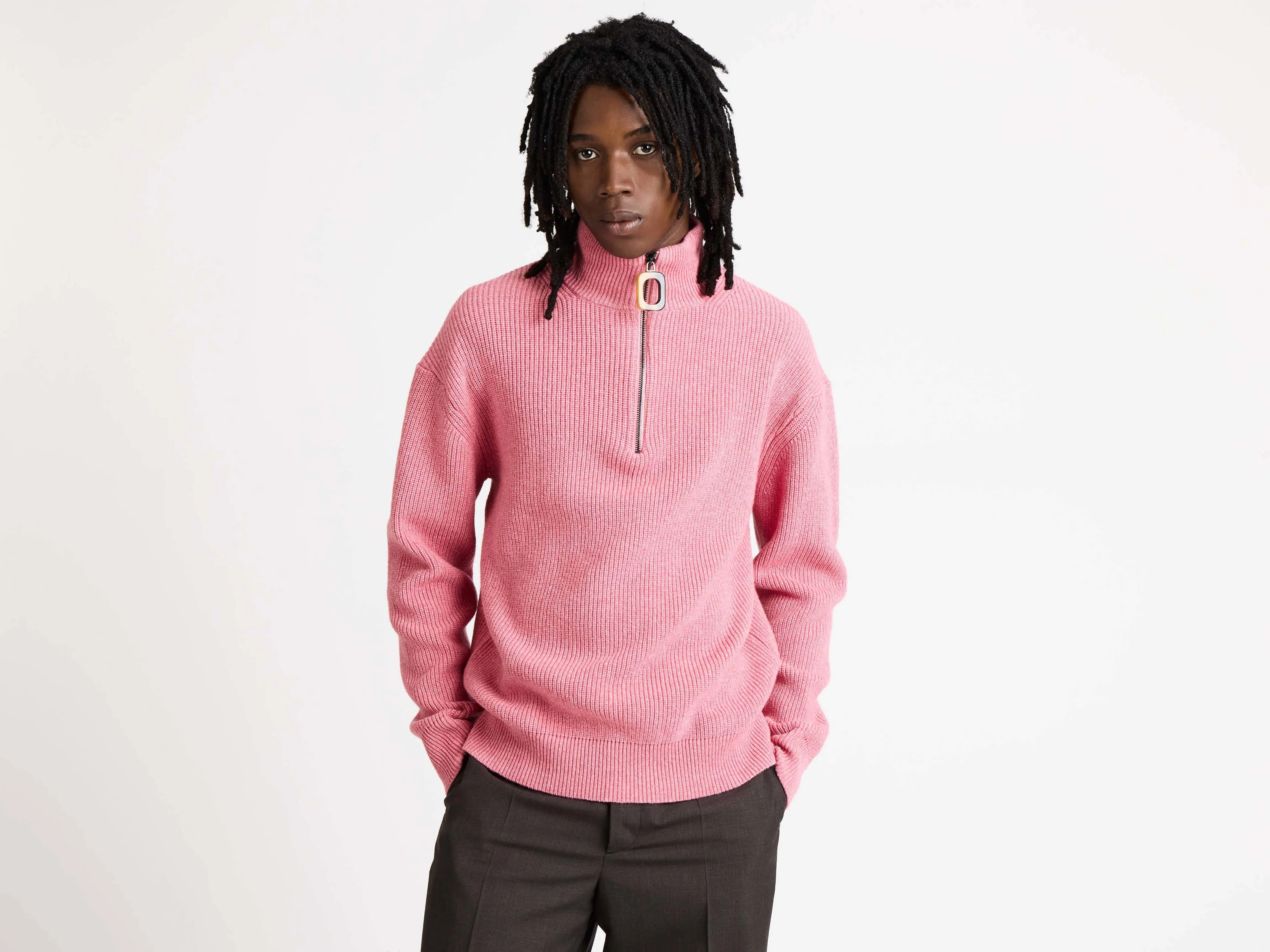 MENS HALF ZIP JUMPER IN BUBBLEGUM sold by J.W. Anderson