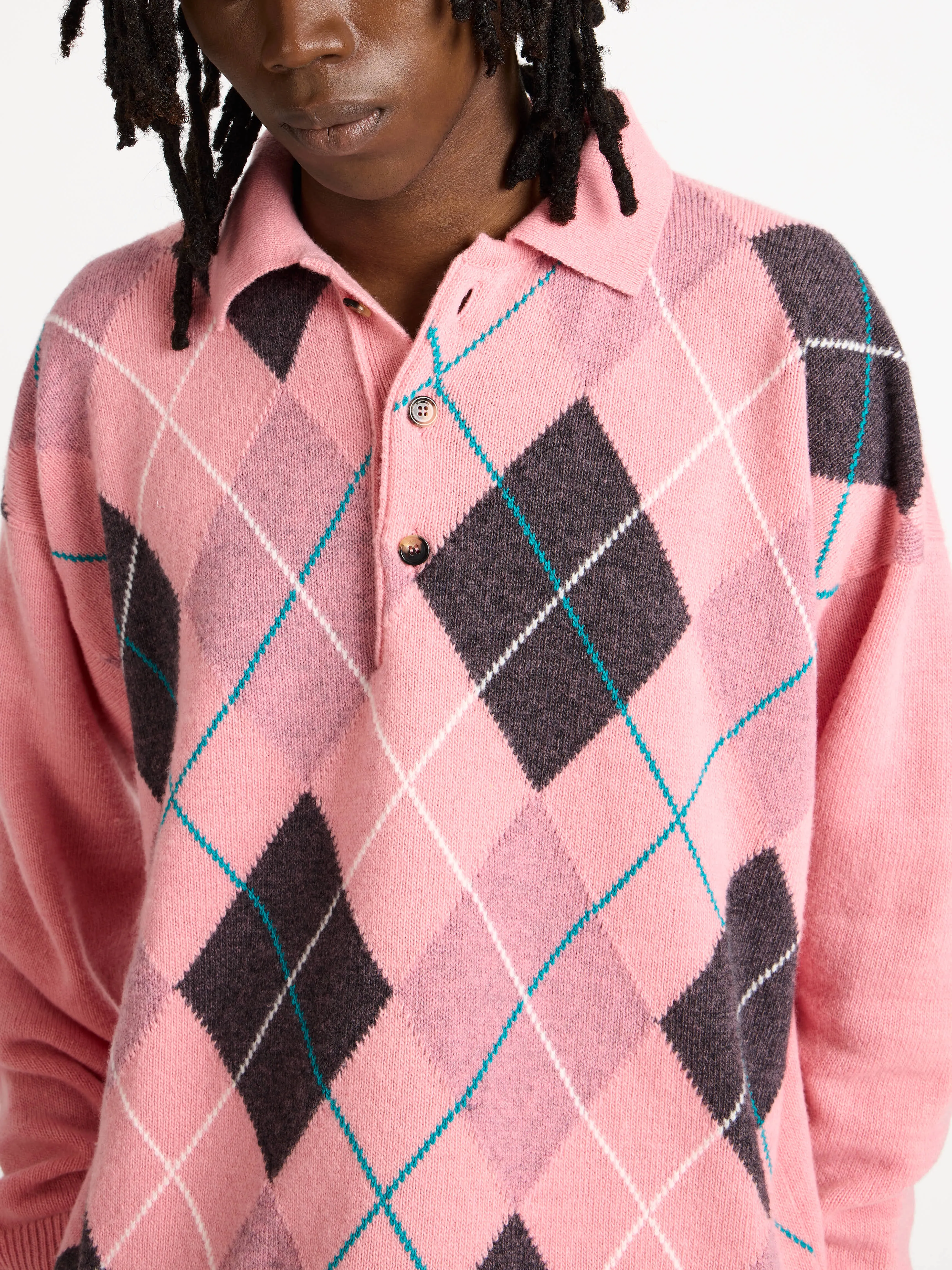 MENS JW ANDERSON X PRINGLE KNITTED ARGYLE POLO TOP IN BUBBLEGUM sold by J.W. Anderson product image thumbnail 5