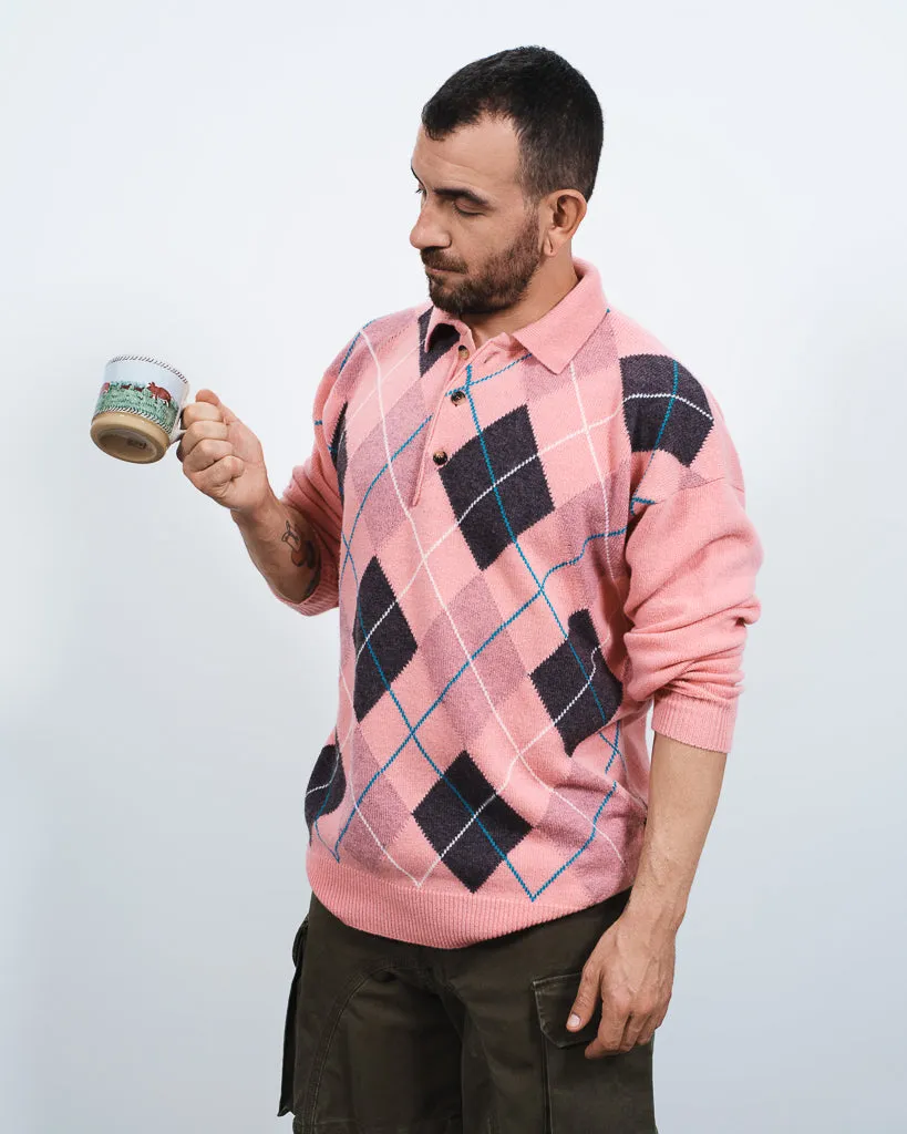MENS JW ANDERSON X PRINGLE KNITTED ARGYLE POLO TOP IN BUBBLEGUM sold by J.W. Anderson product image thumbnail 3