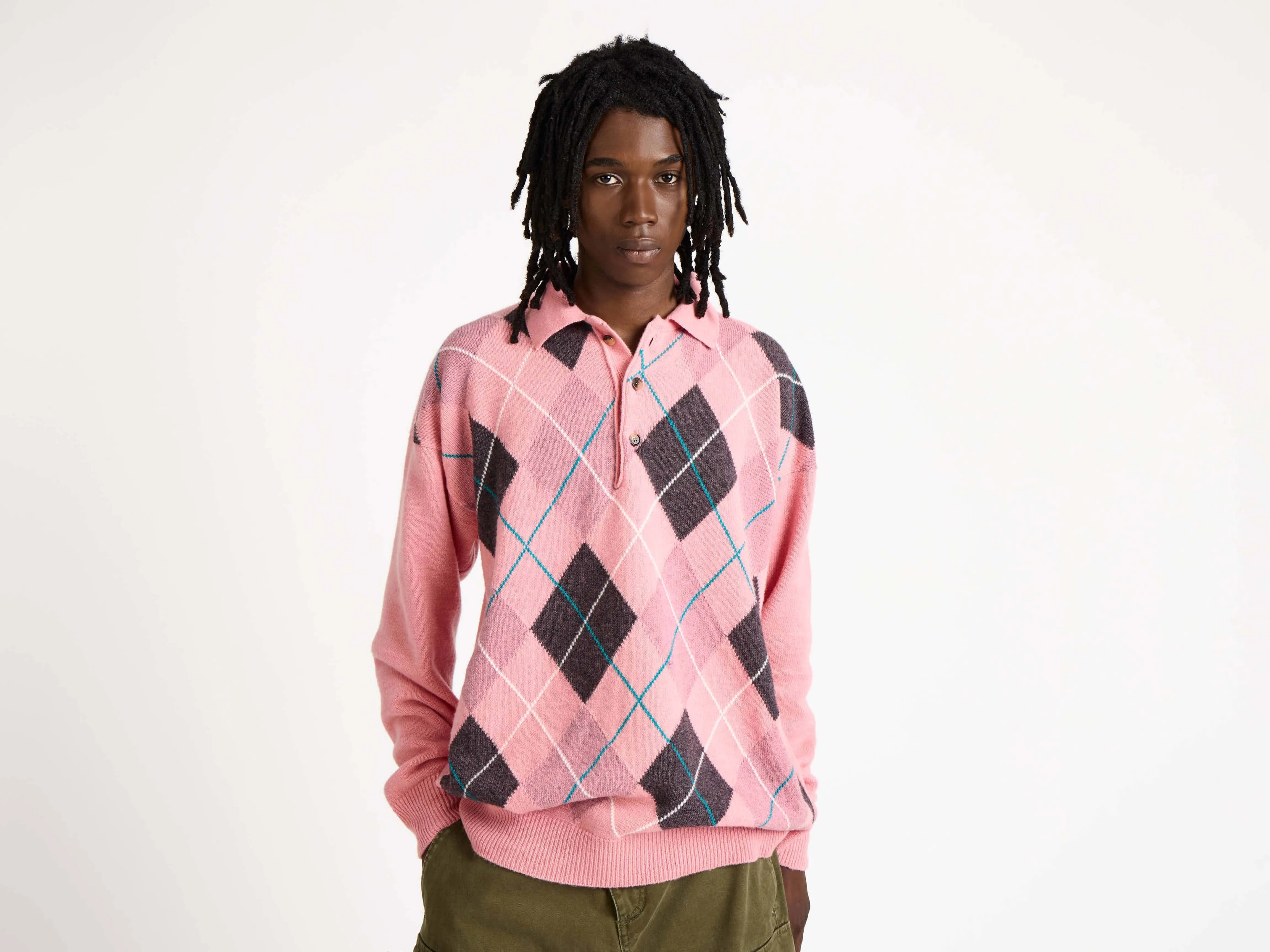 MENS JW ANDERSON X PRINGLE KNITTED ARGYLE POLO TOP IN BUBBLEGUM sold by J.W. Anderson