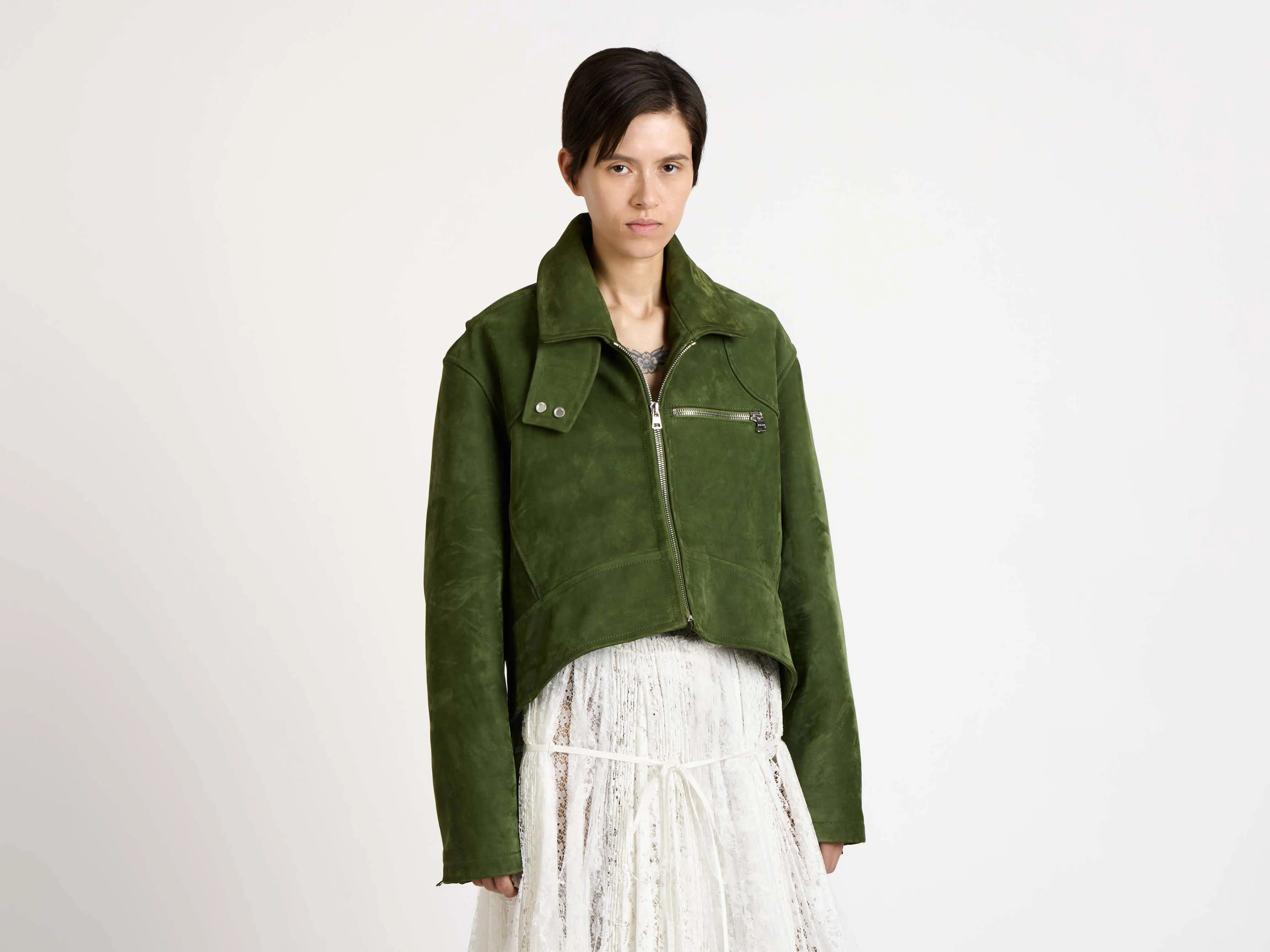 WOMENS CURVED HEM CROPPED BIKER JACKET IN KHAKI sold by J.W. Anderson