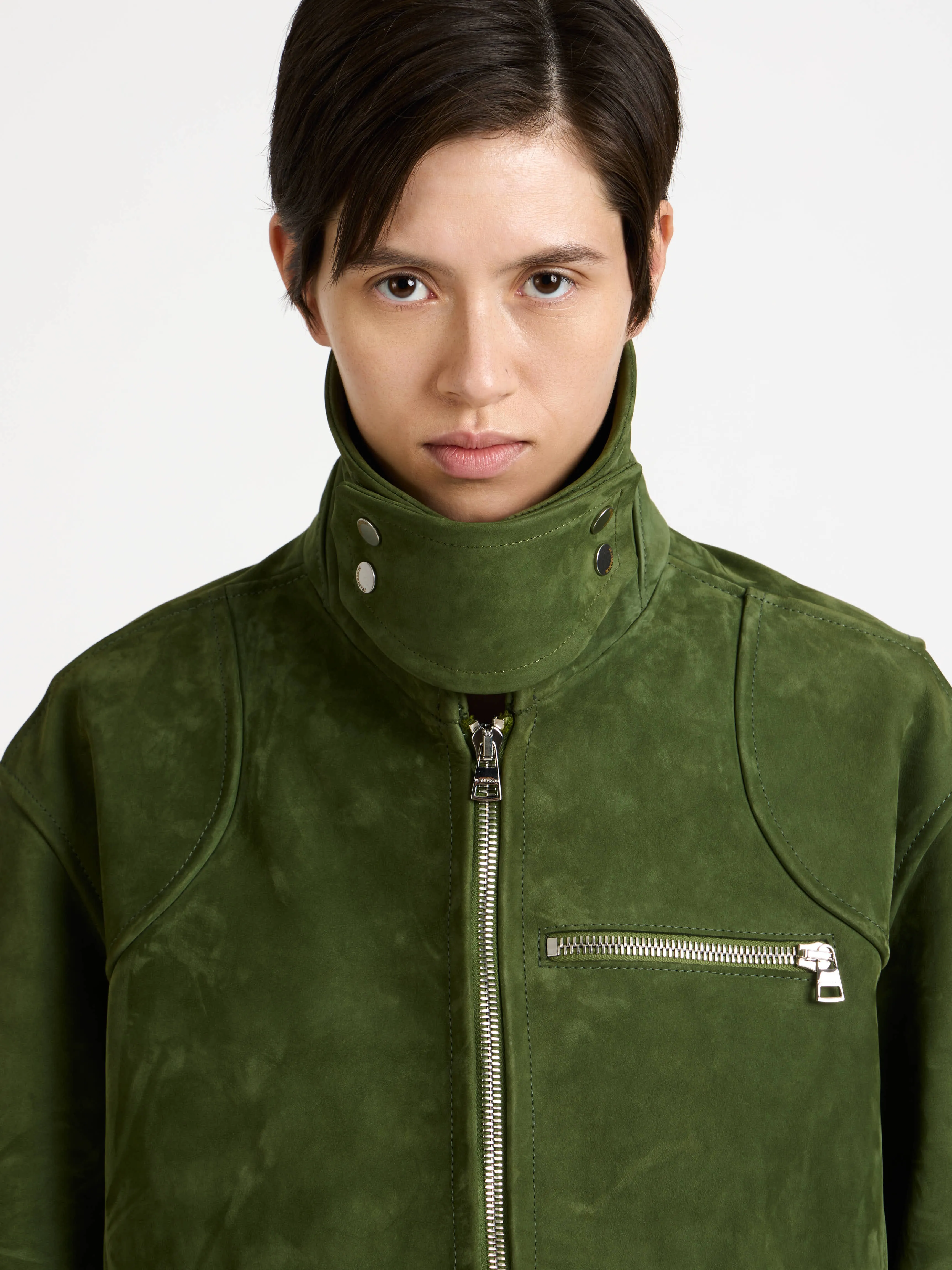 WOMENS CURVED HEM CROPPED BIKER JACKET IN KHAKI sold by J.W. Anderson product image thumbnail 5