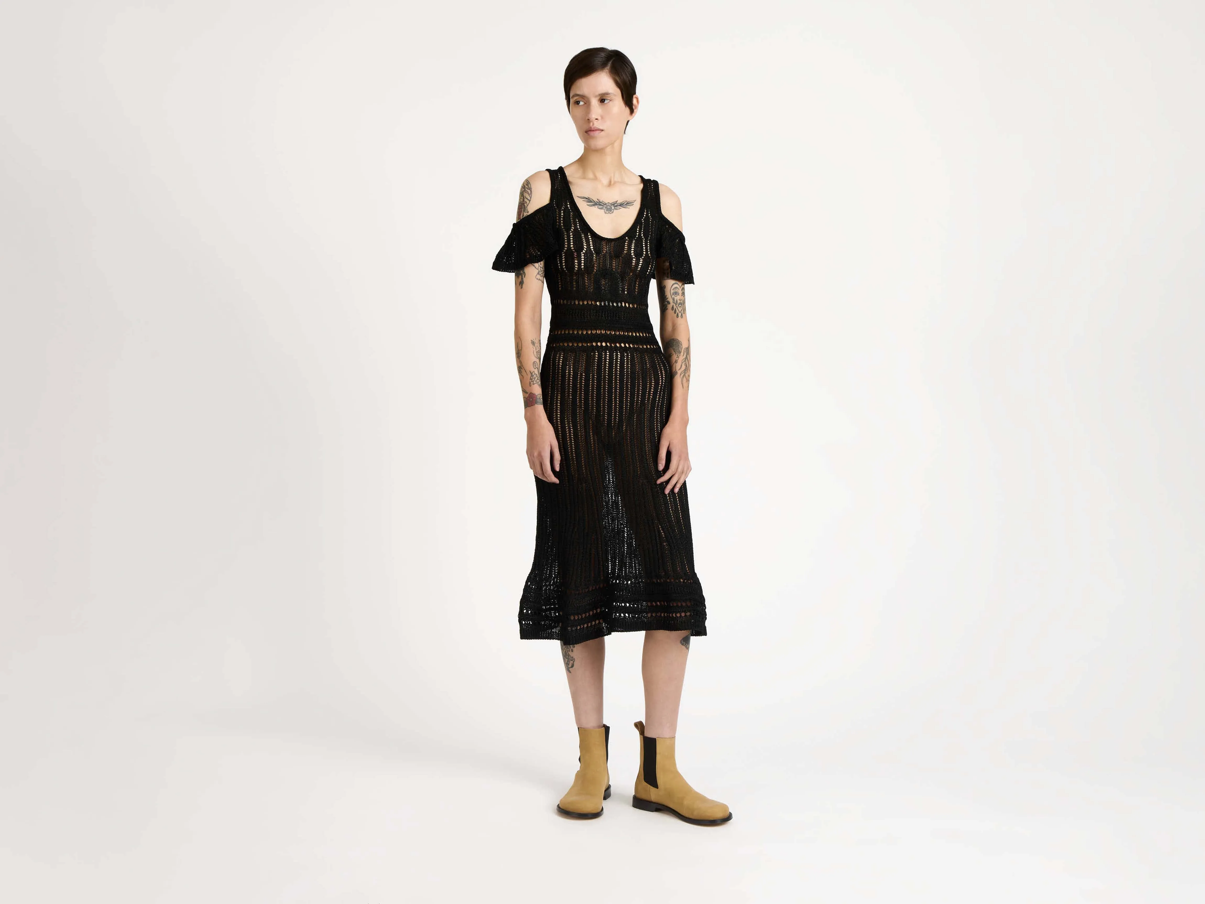 WOMENS SHOULDER RUFFLE CROCHET DRESS IN BLACK sold by J.W. Anderson