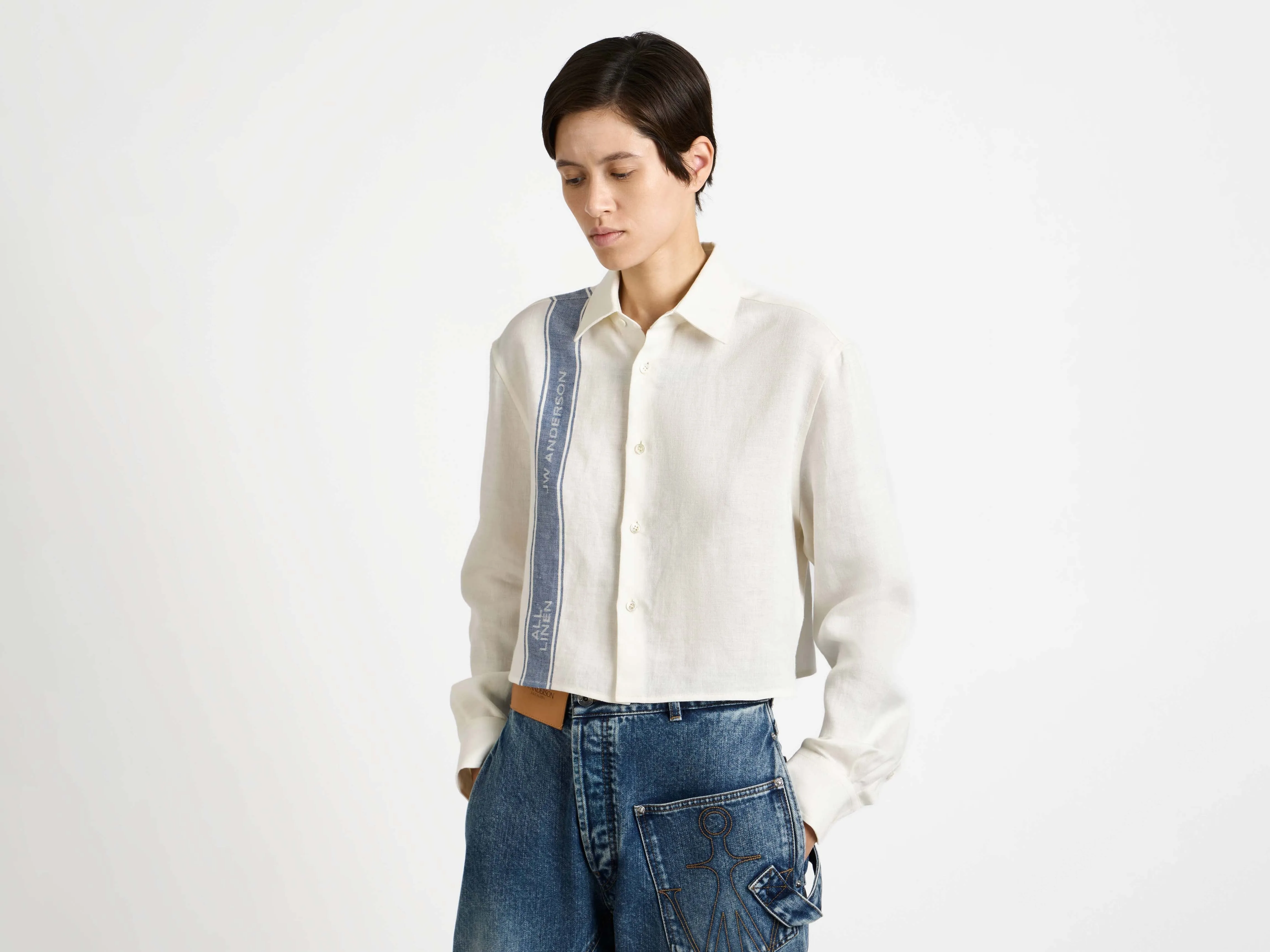 WOMENS CROPPED SHIRT IN OFF WHITE & BLUE sold by J.W. Anderson