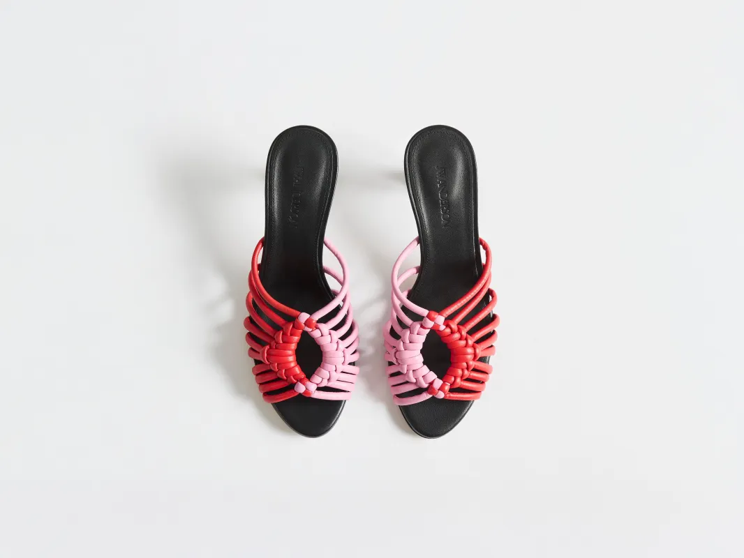 WOMENS WOVEN HEELED LEATHER PLOT SANDAL IN RED & BUBBLEGUM PINK made by J.W. Anderson