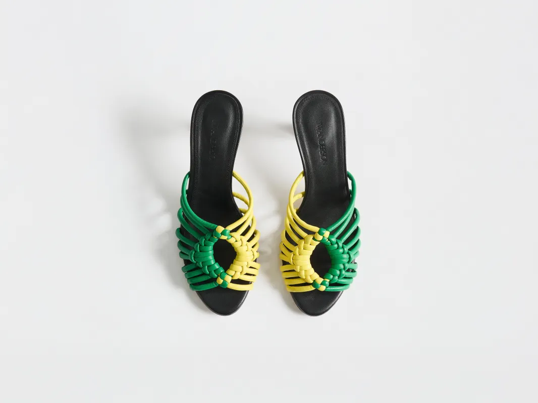WOMENS WOVEN HEELED LEATHER PLOT SANDAL IN BRIGHT GREEN & YELLOW made by J.W. Anderson
