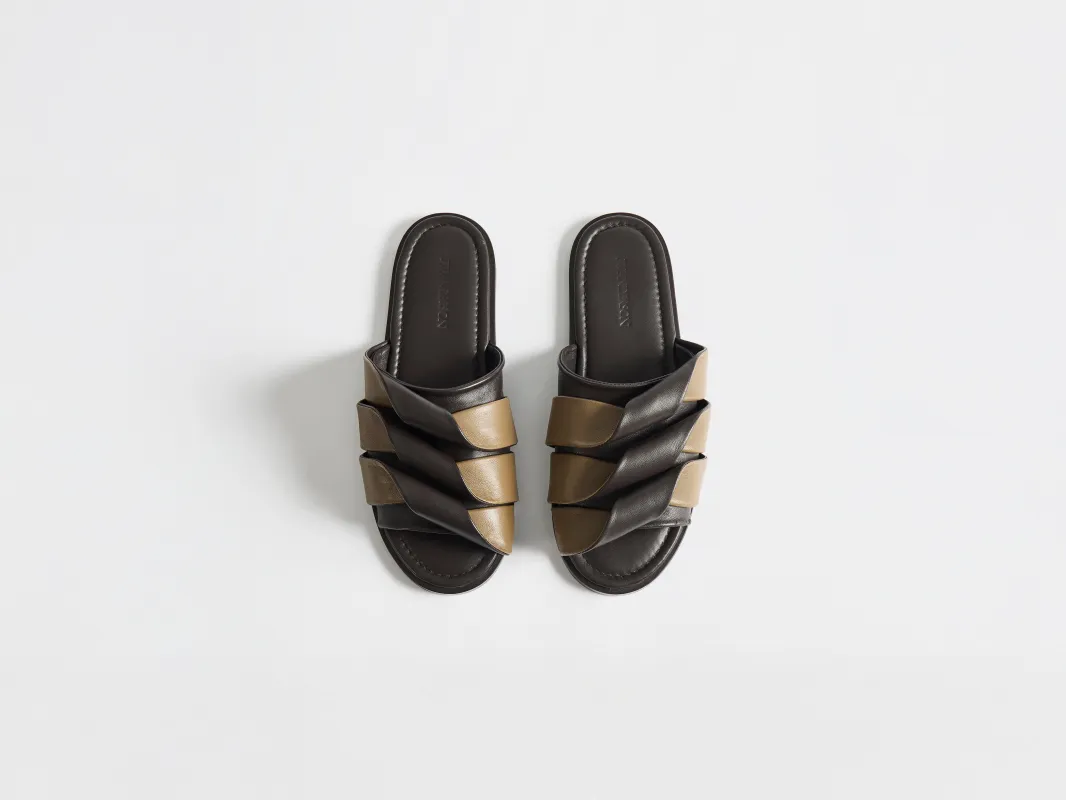 WOMENS CONTRASTING LEATHER COIL SLIDE IN BROWN & CHESTNUT made by J.W. Anderson