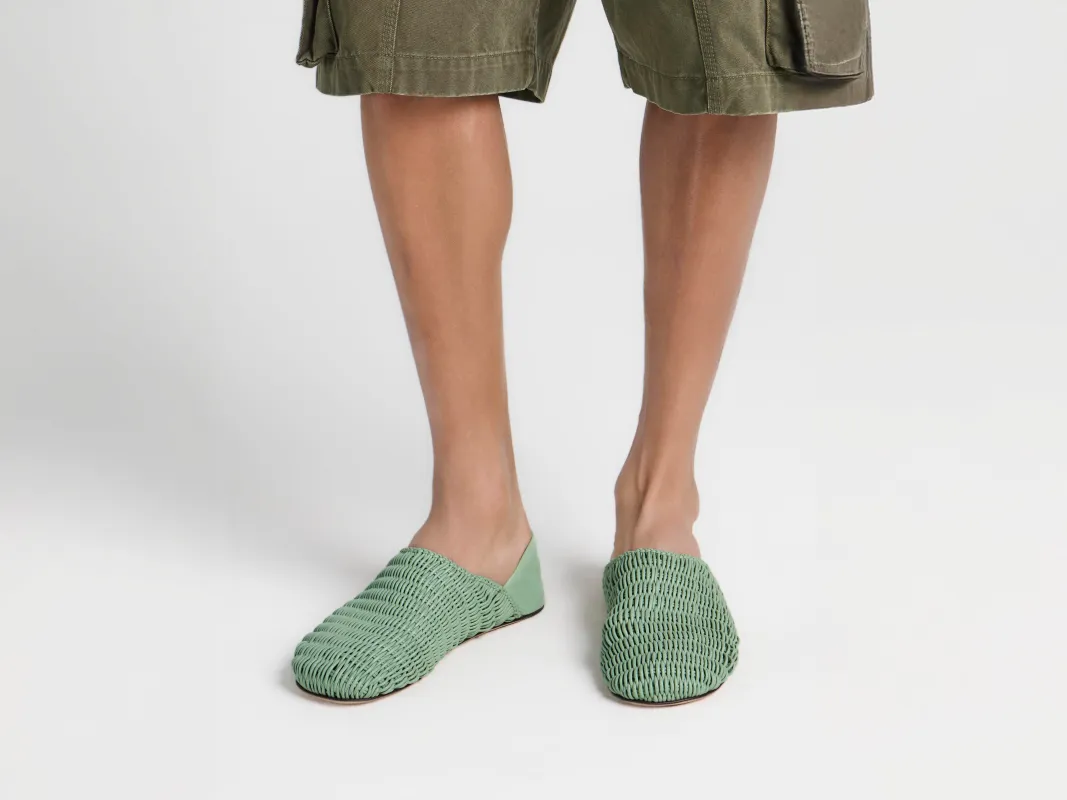 MENS SLIPPER MULES IN SAGE-GREEN WOVEN LEATHER made by J.W. Anderson