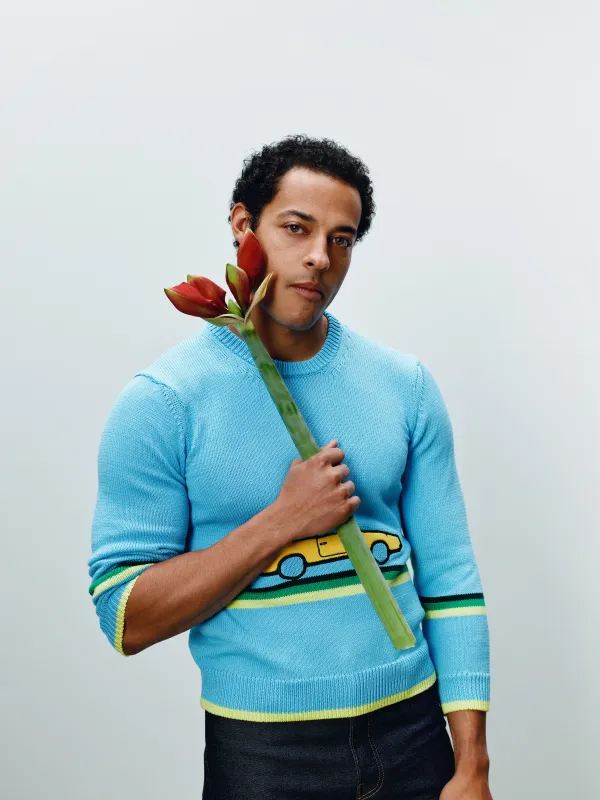 MENS CROCHETED CAR JUMPER IN SKY BLUE made by J.W. Anderson
