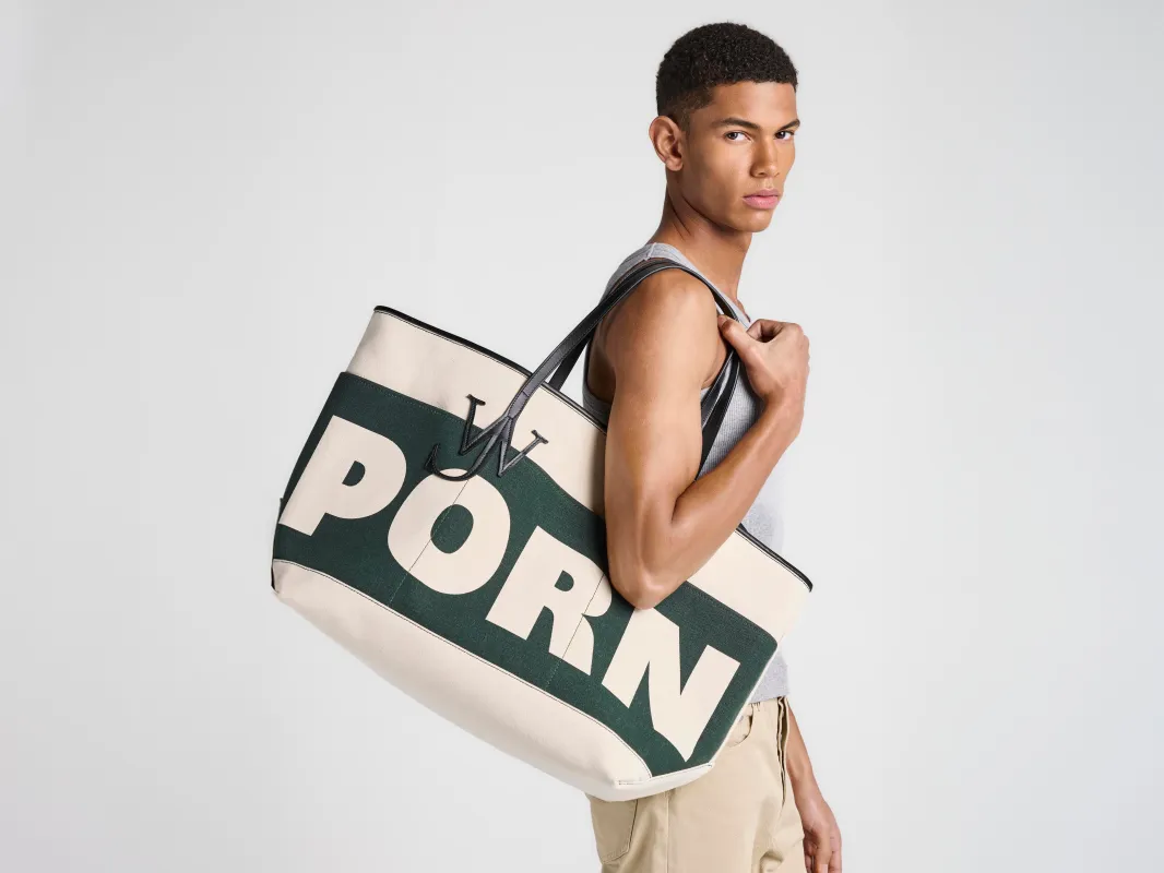 XL 'PORN' ANCHOR CANVAS & LEATHER TOTE IN GREEN & NATURAL made by J.W. Anderson