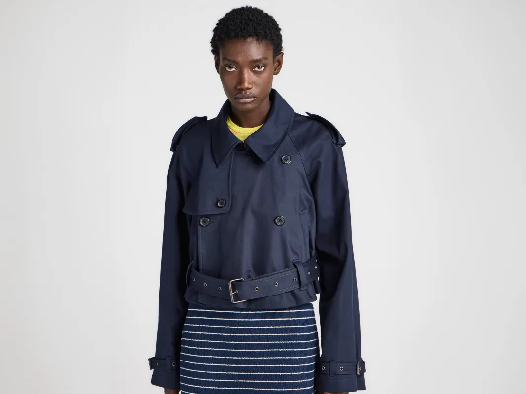 WOMENS CROPPED TRENCH IN NAVY made by J.W. Anderson