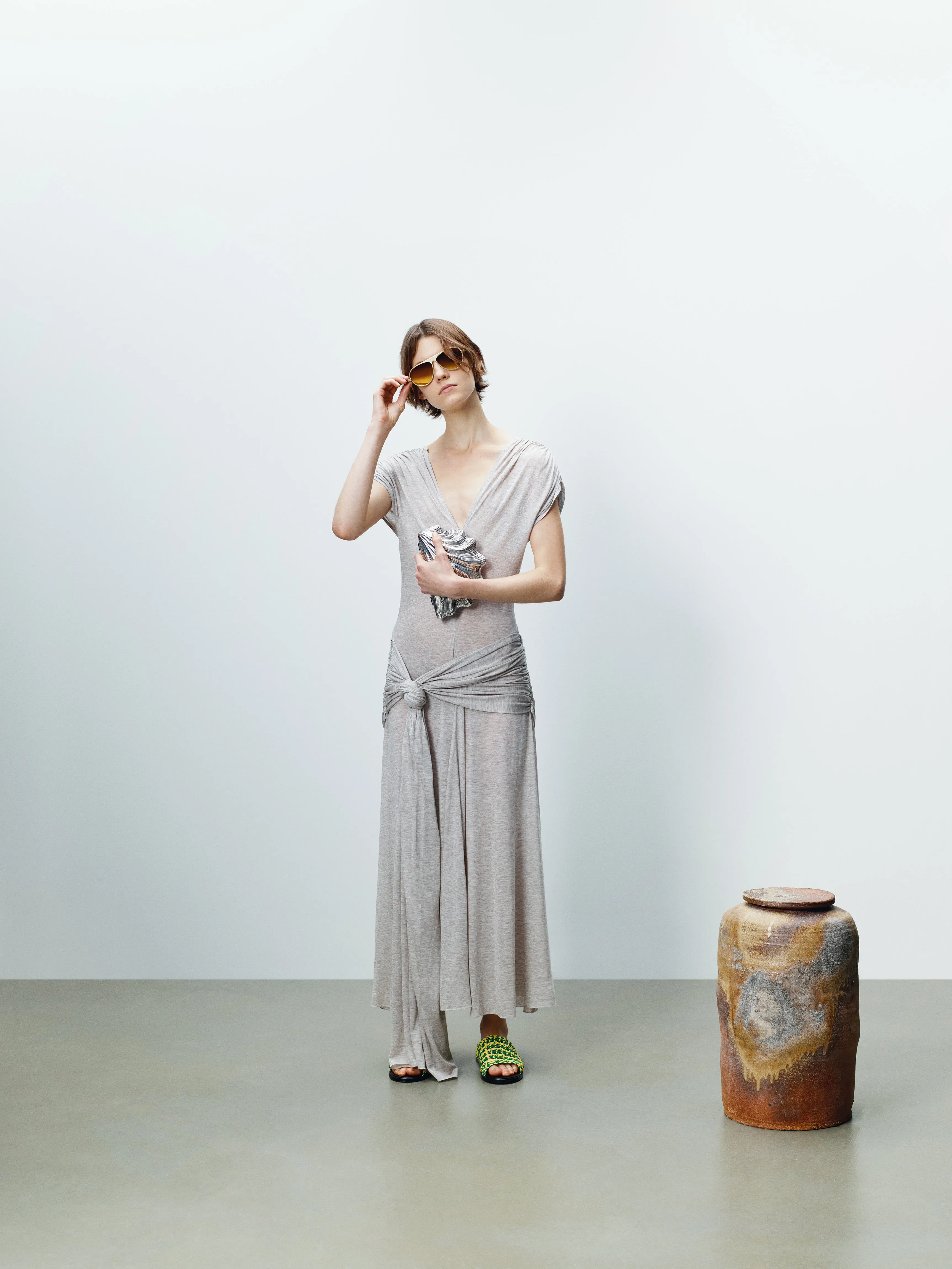 WOMENS KNOTTED WAIST LONGLINE DRESS IN OATMEAL MELANGE sold by J.W. Anderson
