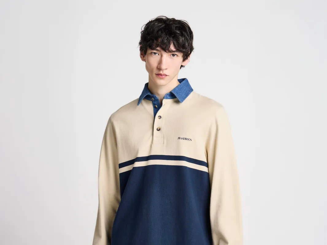 MENS CONTRAST COLLAR RUGBY POLO IN OFF WHITE & NAVY made by J.W. Anderson