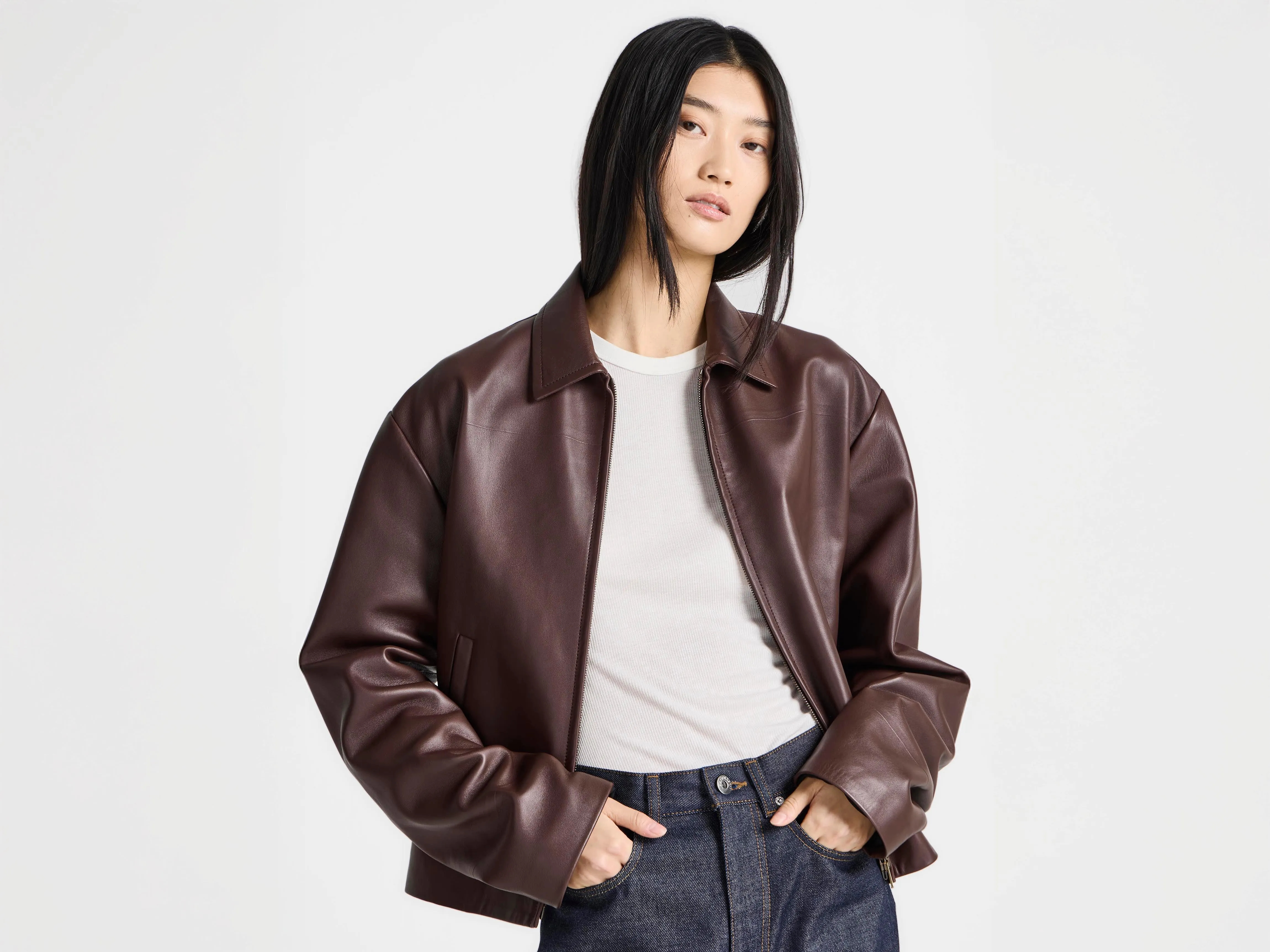 WOMENS BLOUSON LEATHER JACKET IN CHOCOLATE BROWN sold by J.W. Anderson